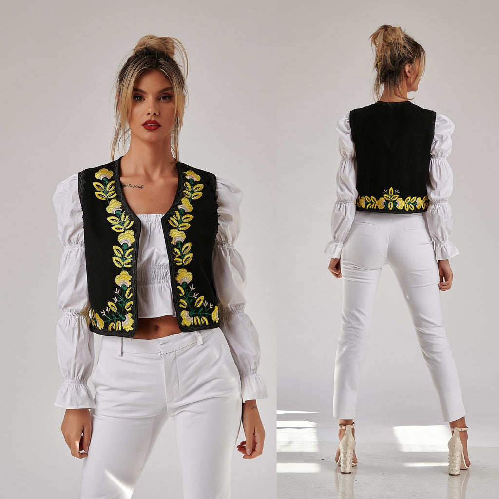 Vesta Traditionala neagra din stofa brodata - Silvia