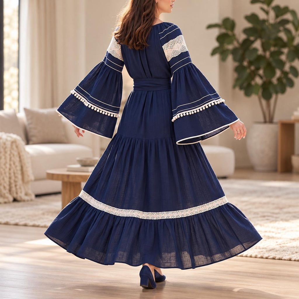 Rochie Nationala tip IE Traditionala cu dantela crem - Alina bleumarin 02
