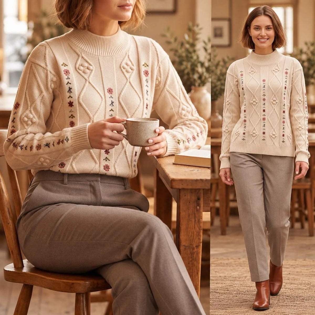 Pulover brodat, crem din tricot si broderie florala - Carmen