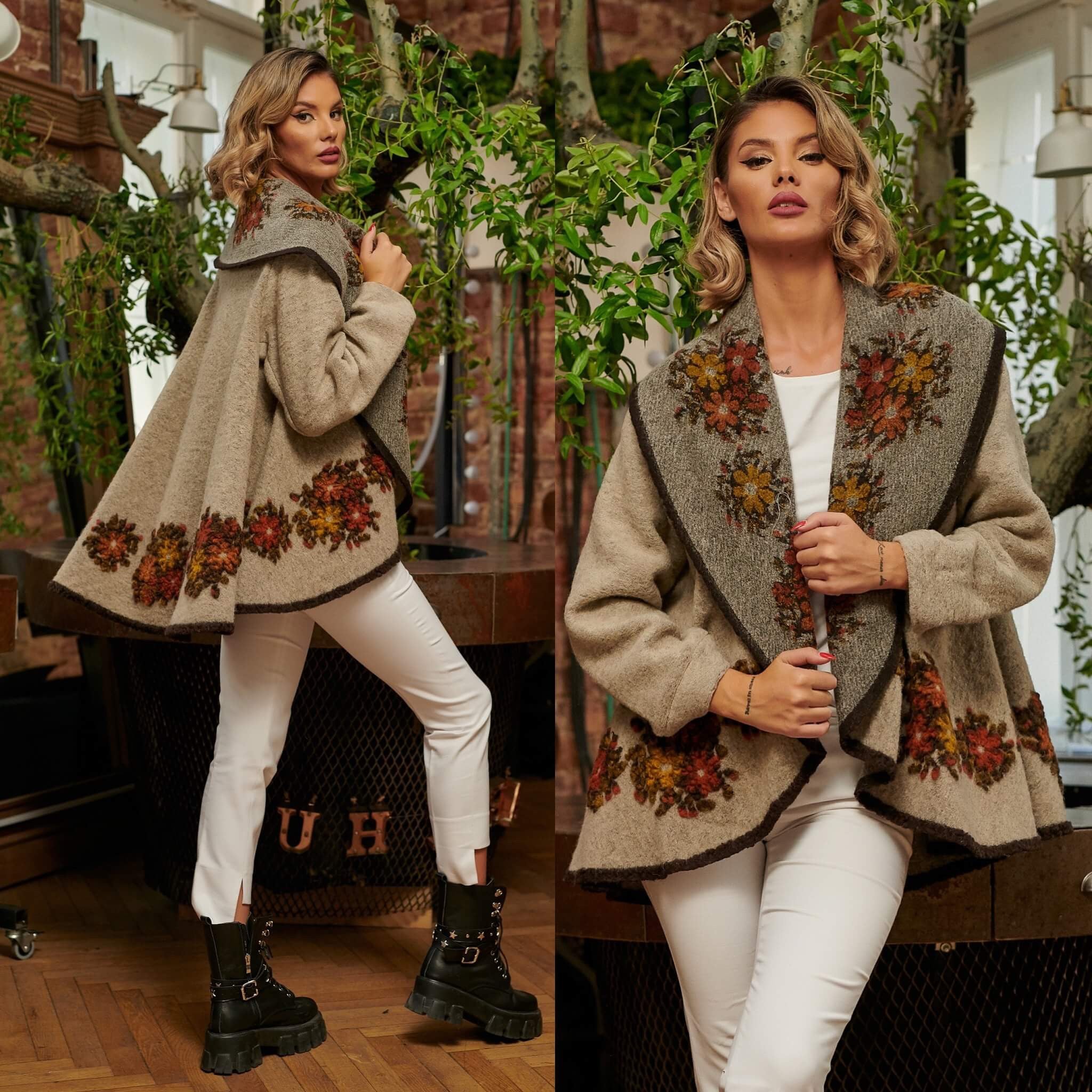 Poncho din lana bej cu maneca lunga