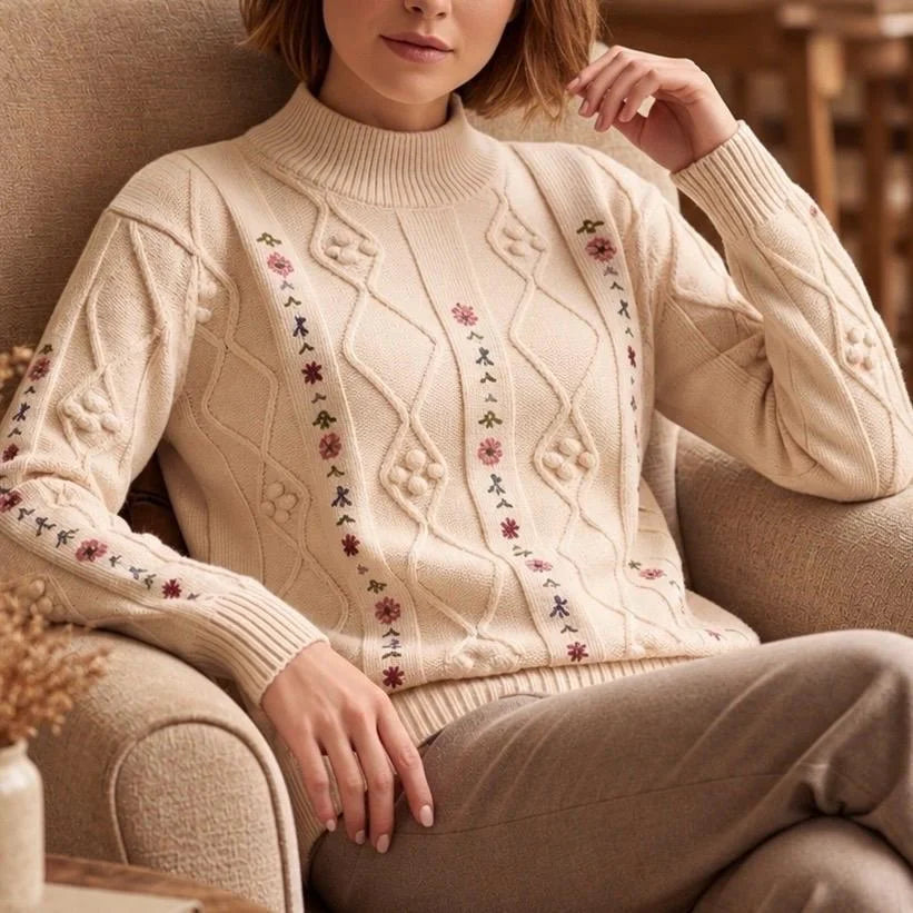 Pulover brodat, crem din tricot si broderie florala - Carmen