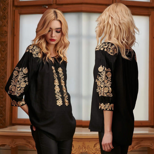 Bluza brodata neagra cu flori aurii - Lavinia 05