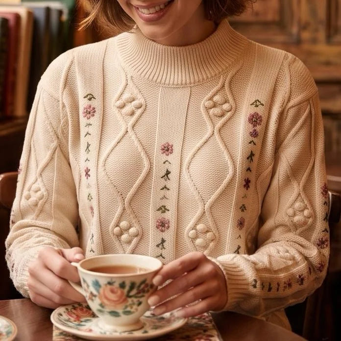 Pulover brodat, crem din tricot si broderie florala - Carmen