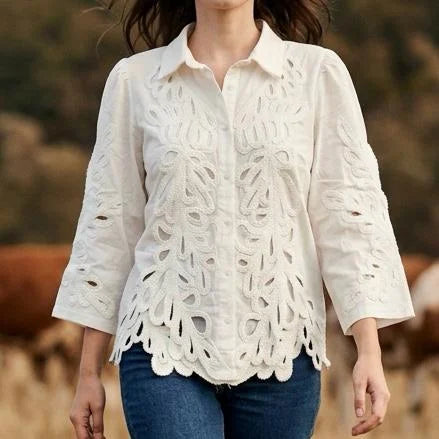 Camasa bej din bumbac cu broderie - Raluca