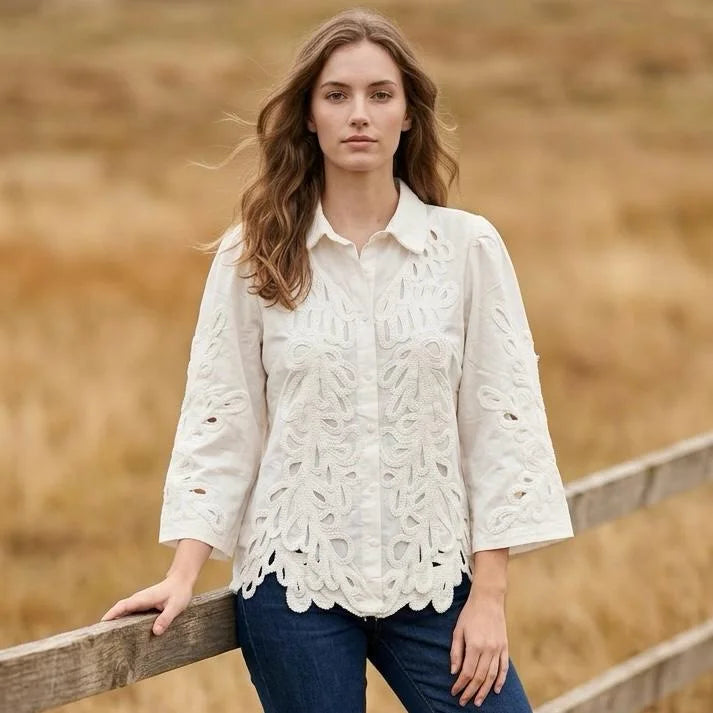 Camasa bej din bumbac cu broderie - Raluca