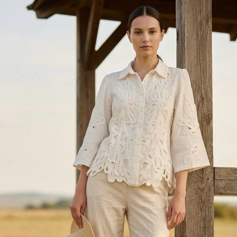 Camasa bej din bumbac cu broderie - Raluca