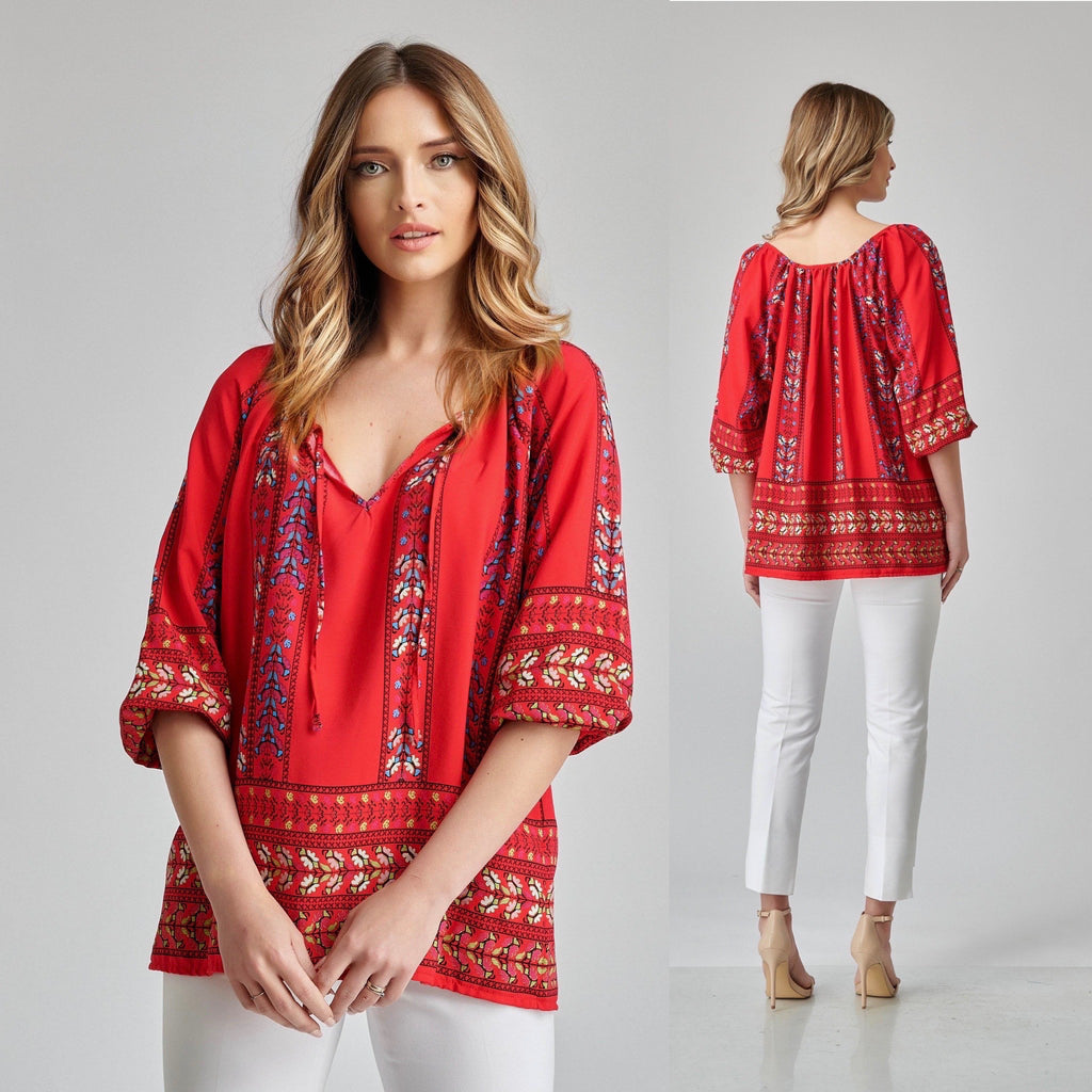 Bluza vaporoasa rosie cu imprimeu - Sorana 01