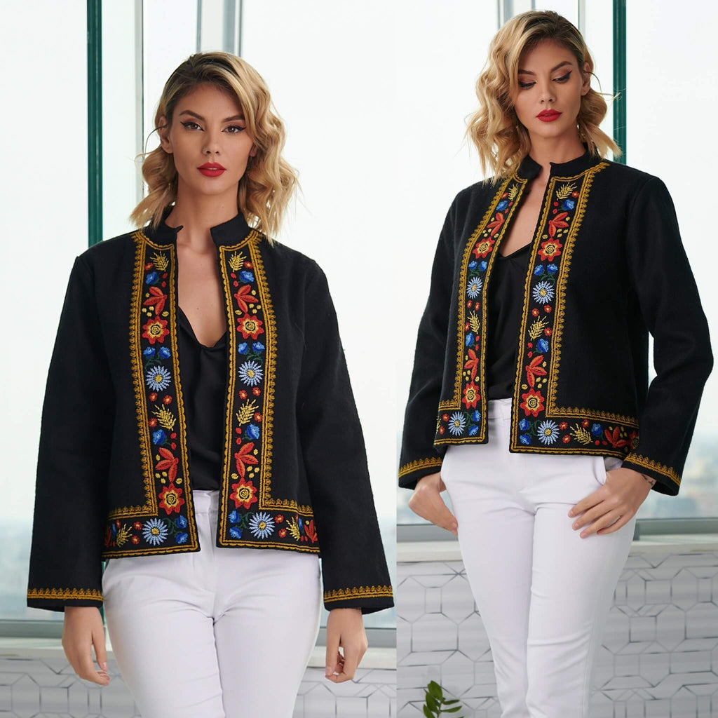 Sacou National brodat din stofa de lana neagra - Irina