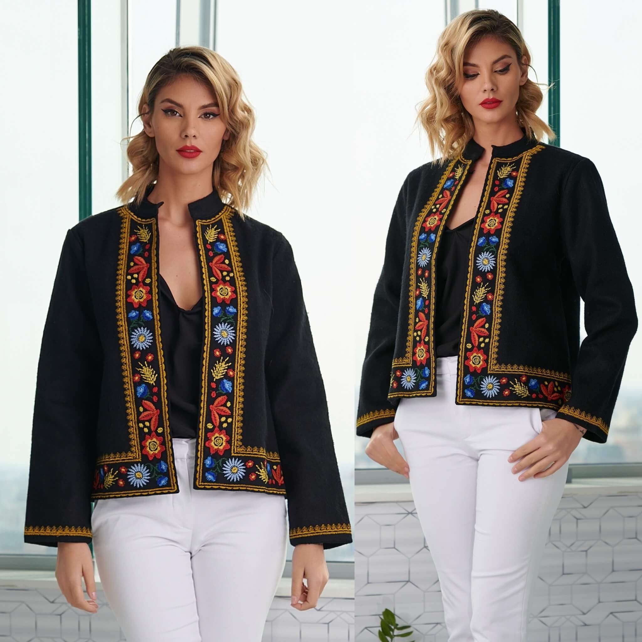 Sacou National brodat din stofa de lana neagra - Irina