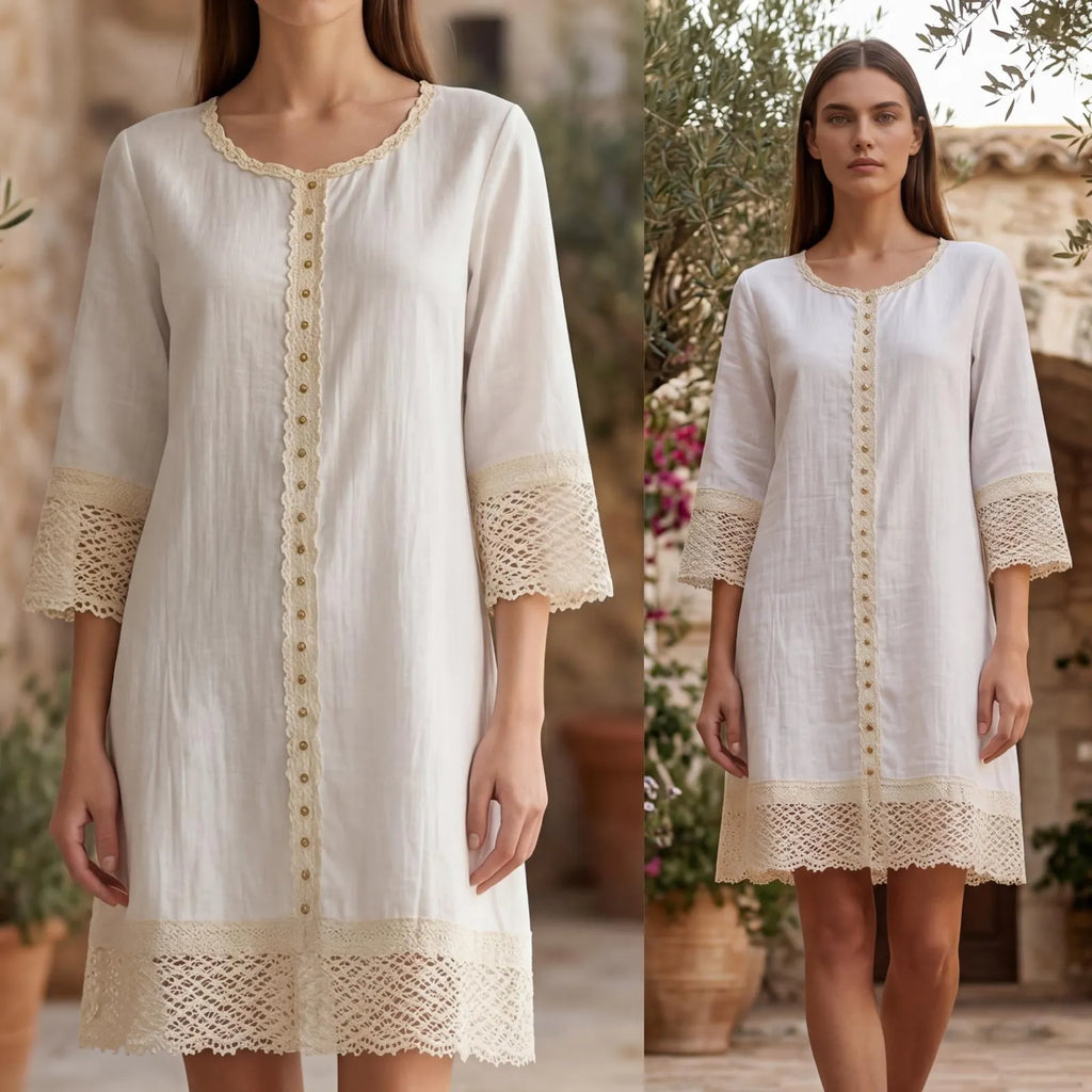Rochie alba din panza topita cu dantela - Monica 01