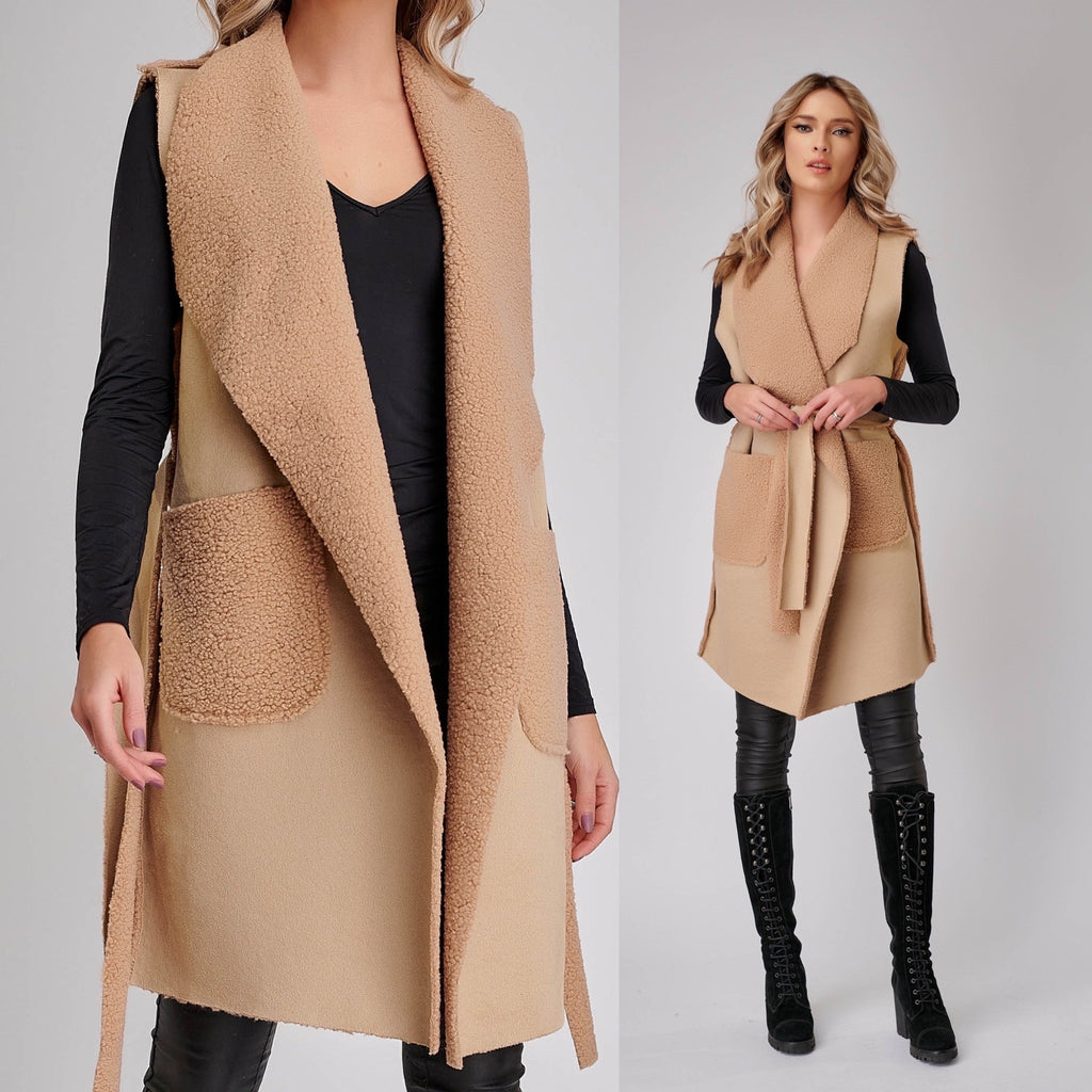 Vesta cojocel crem cu buzunare si cordon - Andra 02