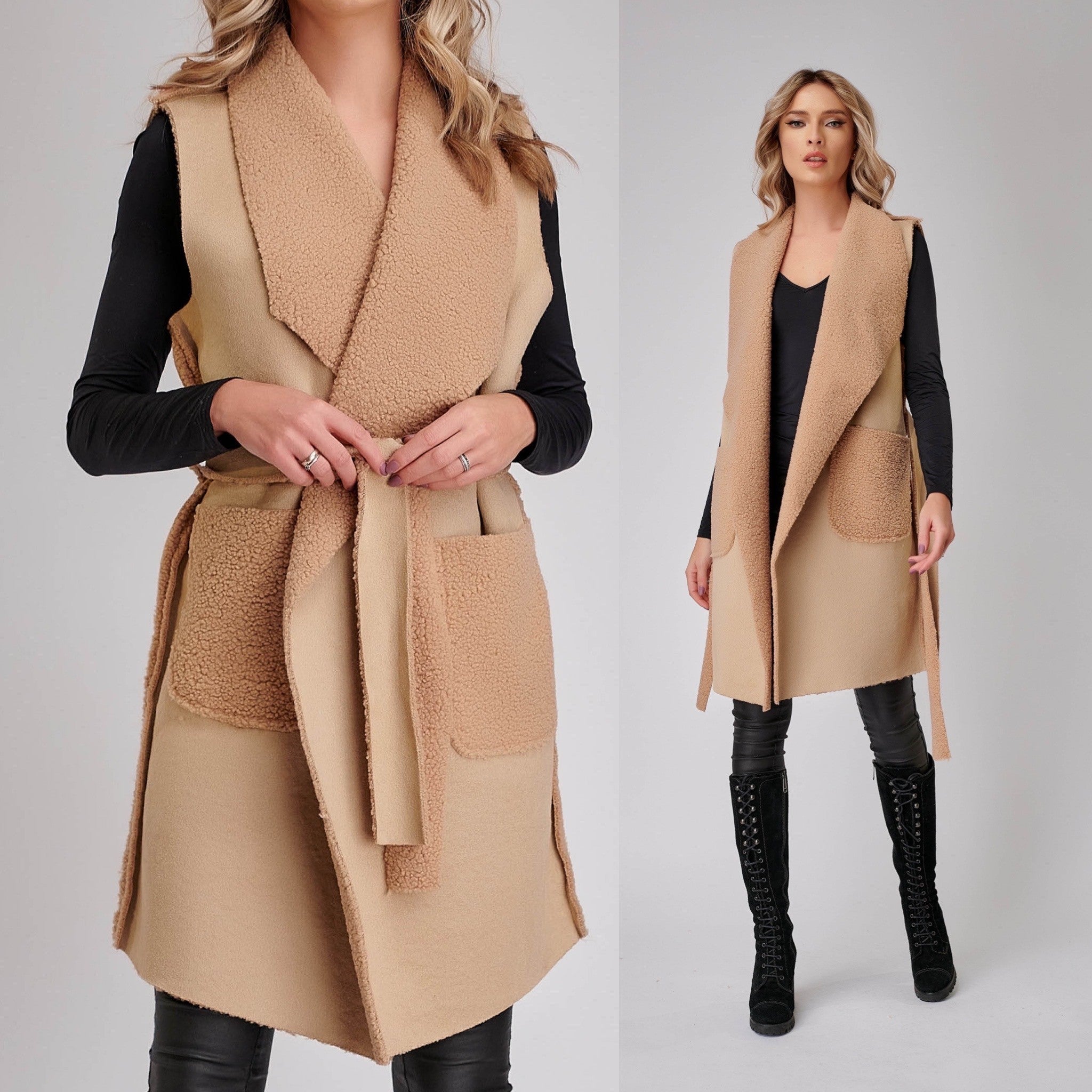 Vesta cojocel crem cu buzunare si cordon - Andra 02