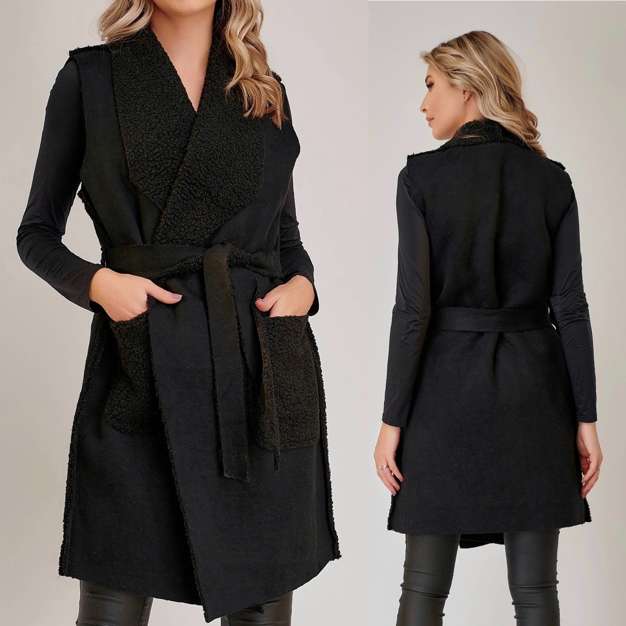 Vesta cojocel negru cu buzunare si cordon - Andra 01