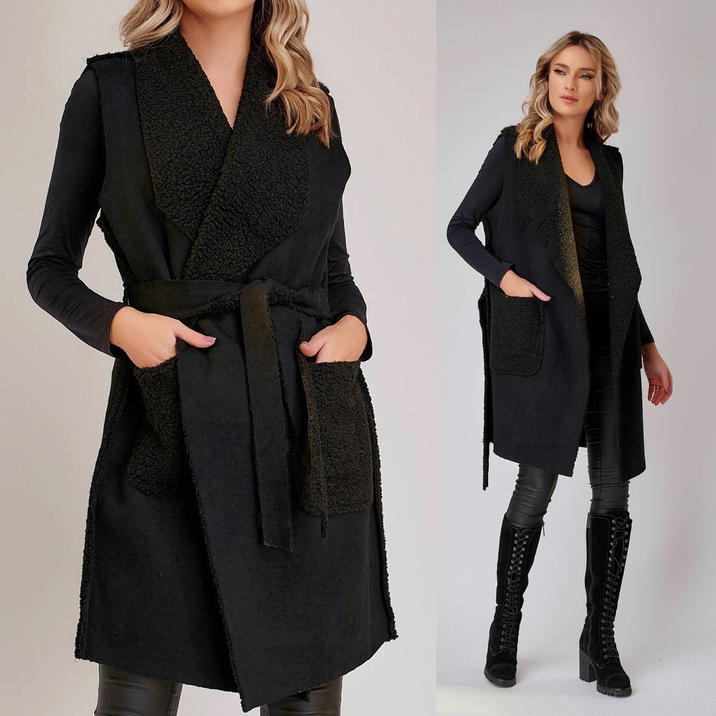 Vesta cojocel negru cu buzunare si cordon - Andra 01