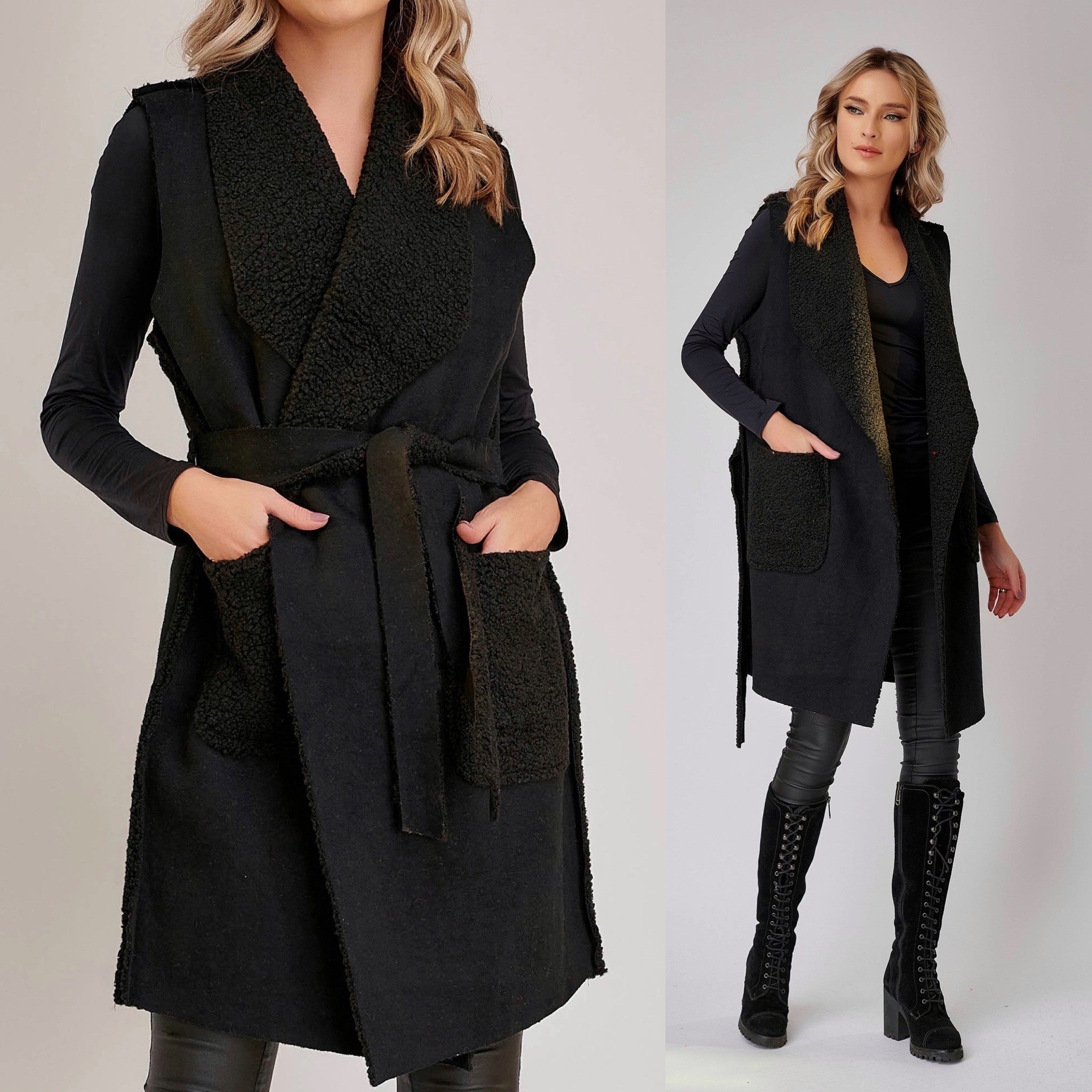 Vesta cojocel negru cu buzunare si cordon - Andra 01