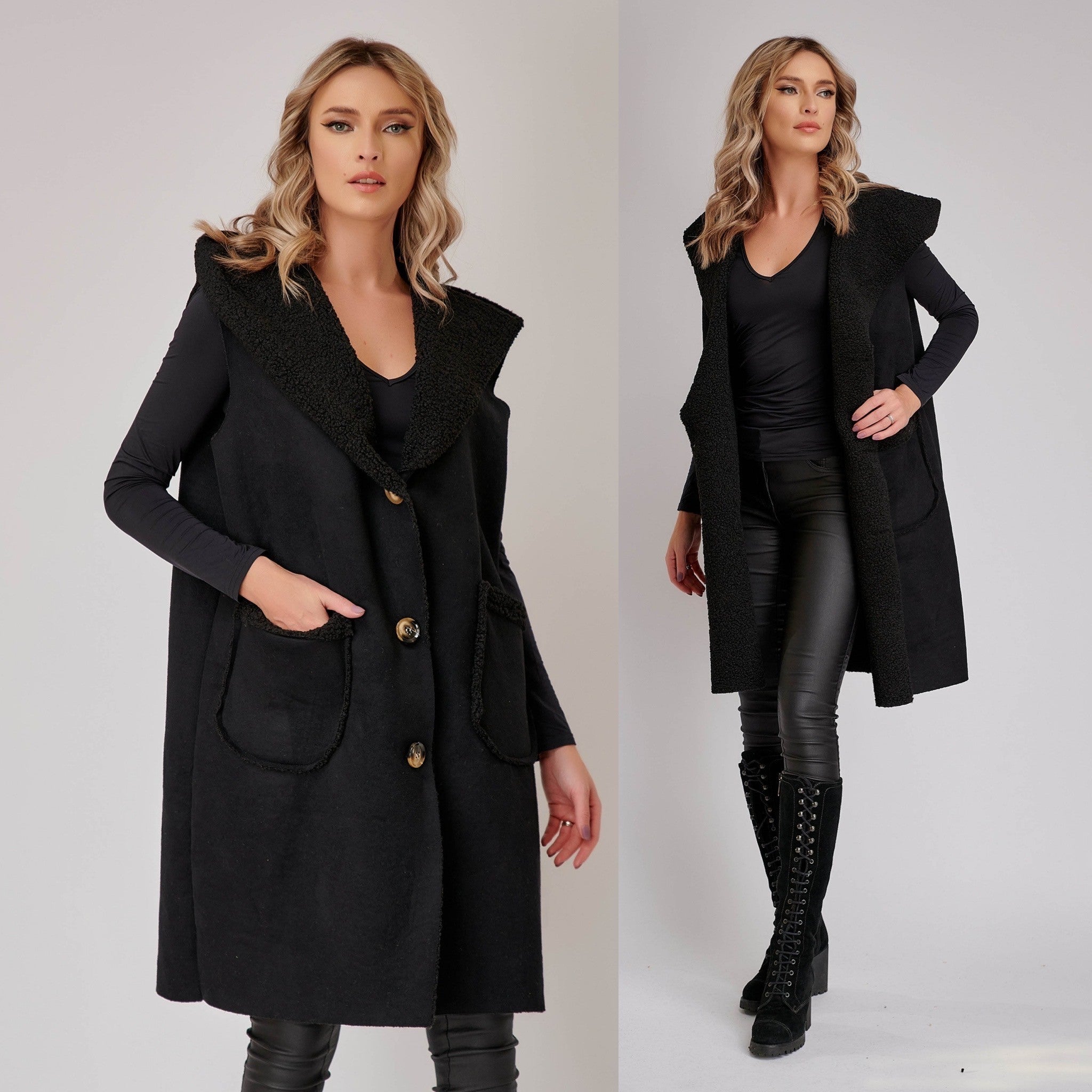 Vesta cojocel negru cu gluga si buzunare - Casandra 01