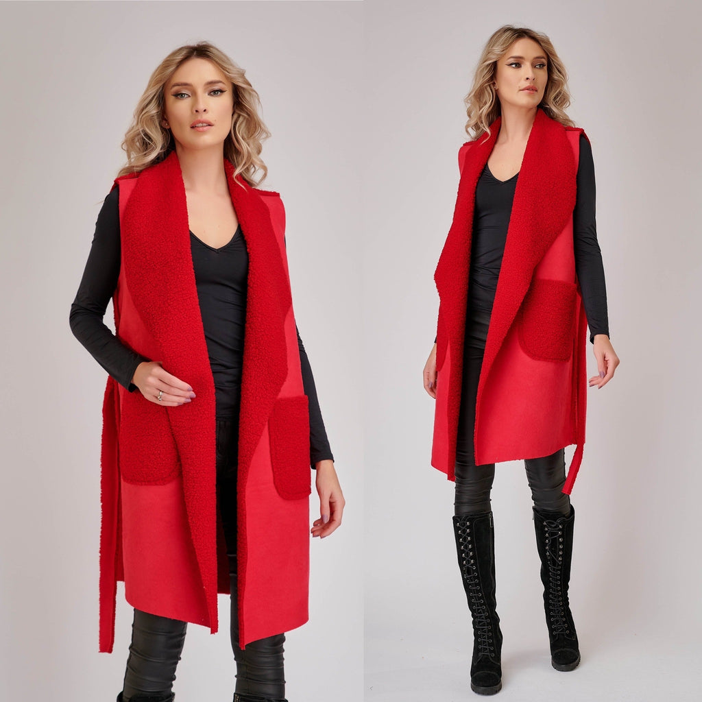 Vesta cojocel rosu cu buzunare si cordon - Andra 04