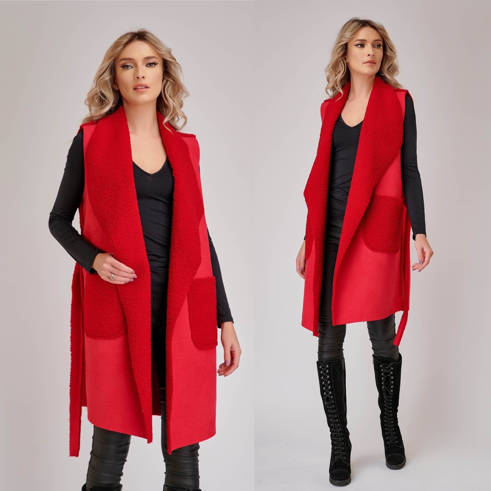 Vesta cojocel rosu cu buzunare si cordon - Andra 04