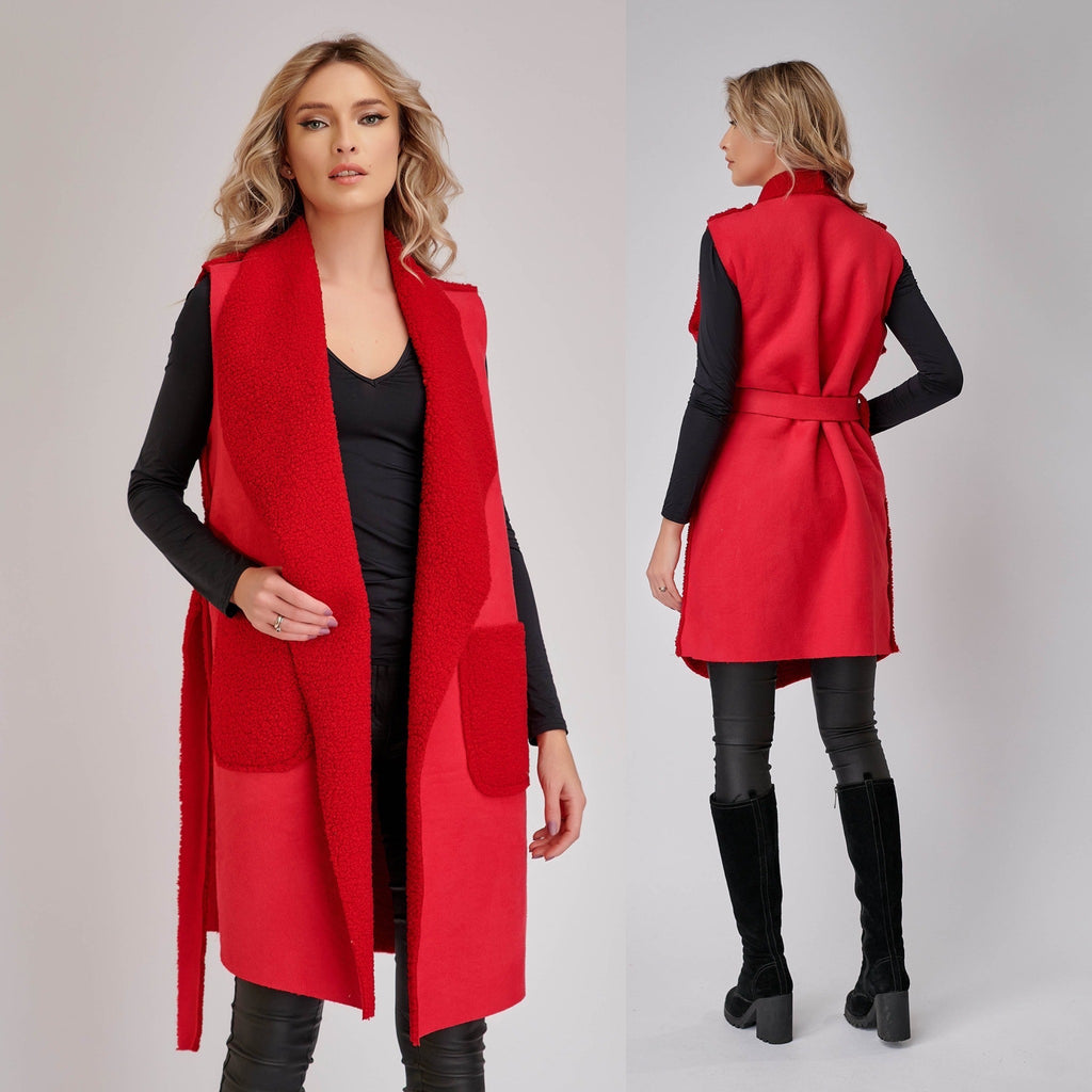 Vesta cojocel rosu cu buzunare si cordon - Andra 04