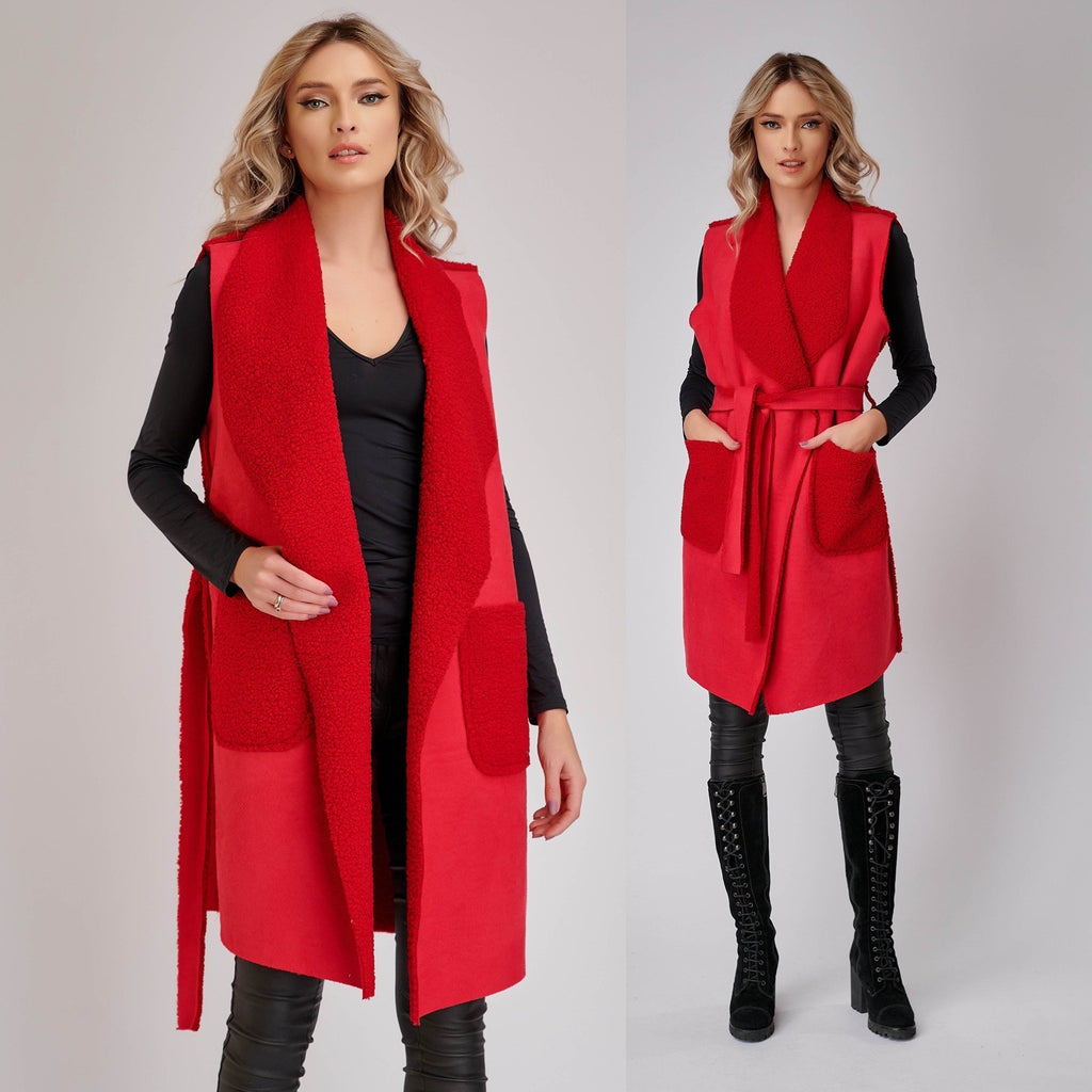 Vesta cojocel rosu cu buzunare si cordon - Andra 04