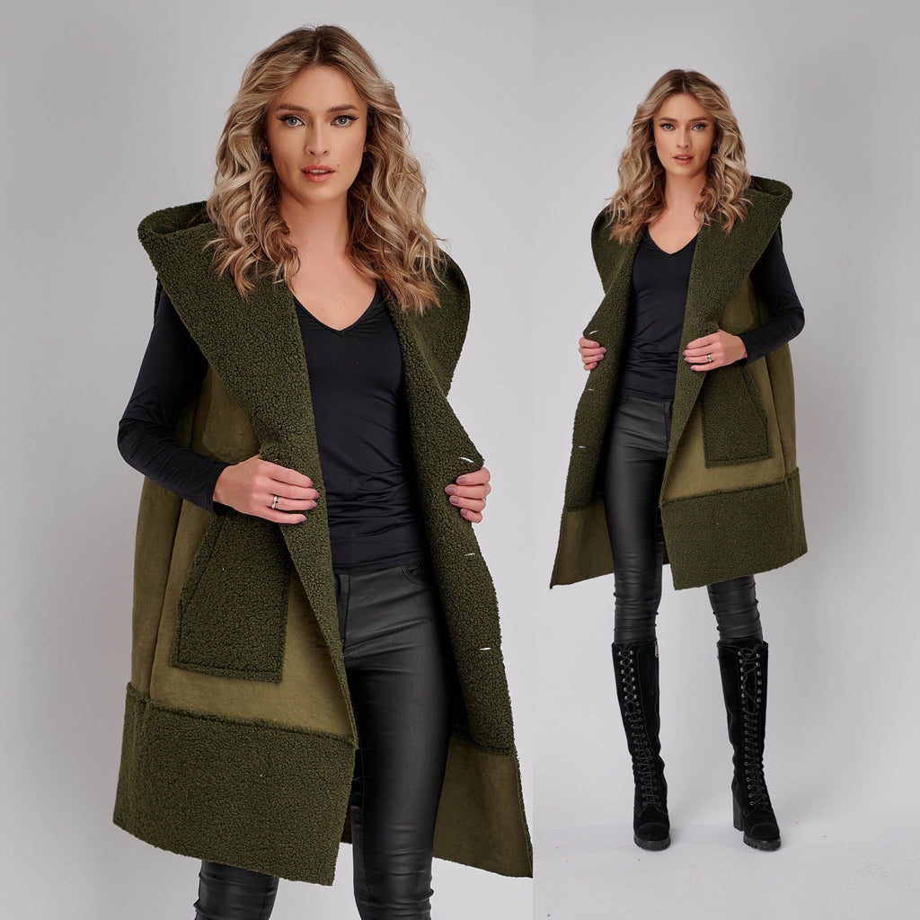 Vesta - Cojoc kaki cu buzunare si gluga - Sanda 01