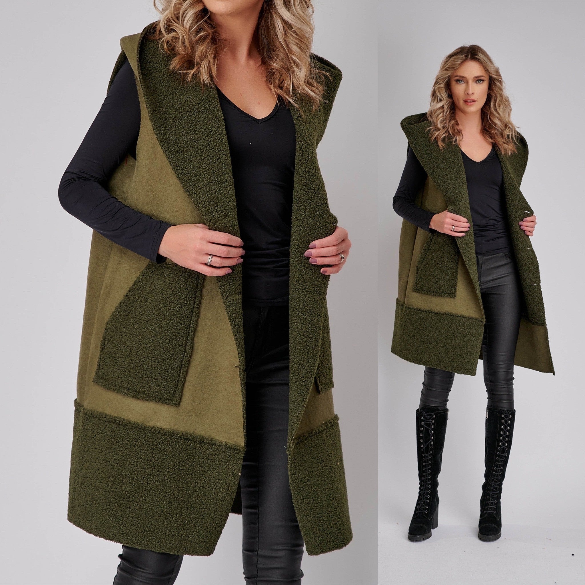 Vesta - Cojoc kaki cu buzunare si gluga - Sanda 01