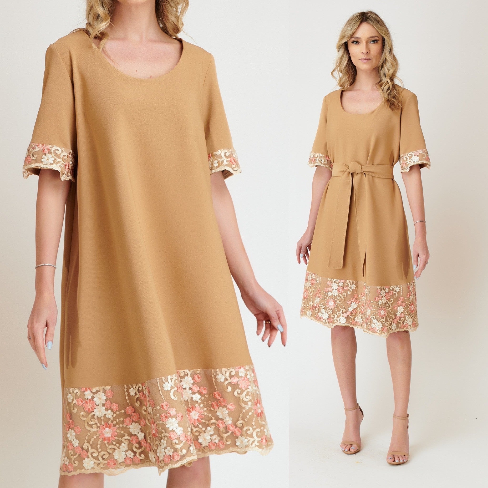 Rochie crem cu croi lejer si dantela brodata - Raluca