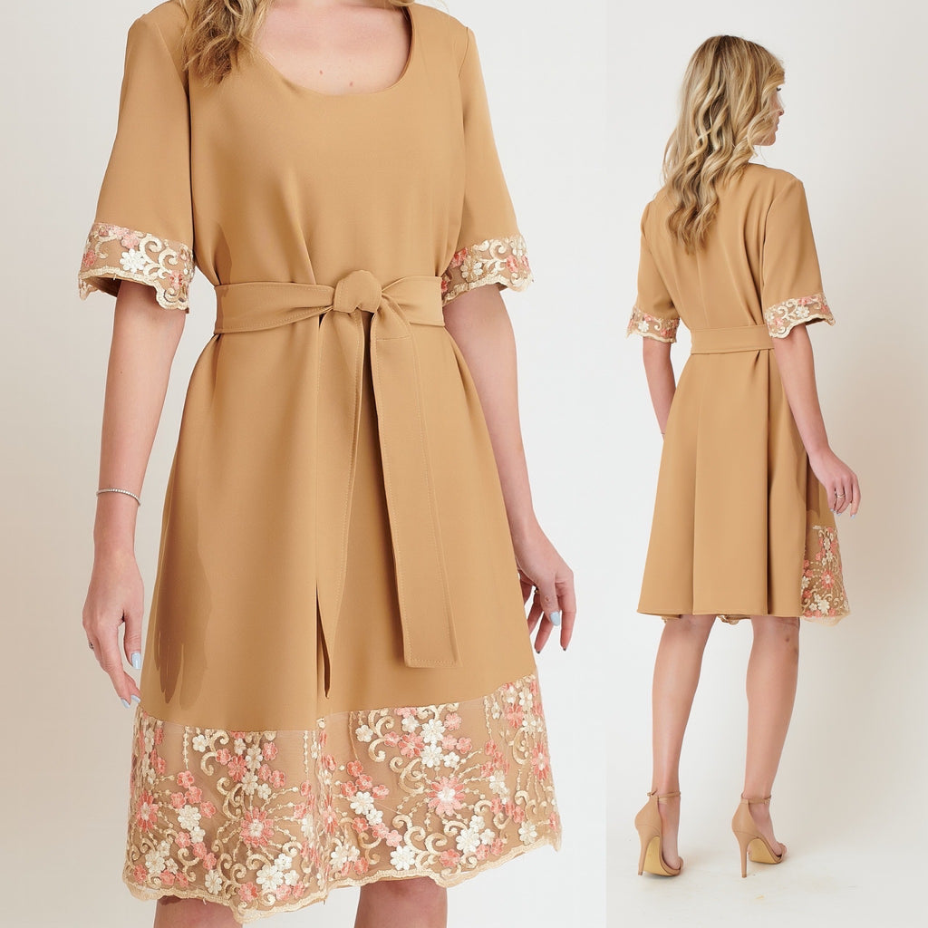 Rochie crem cu croi lejer si dantela brodata - Raluca