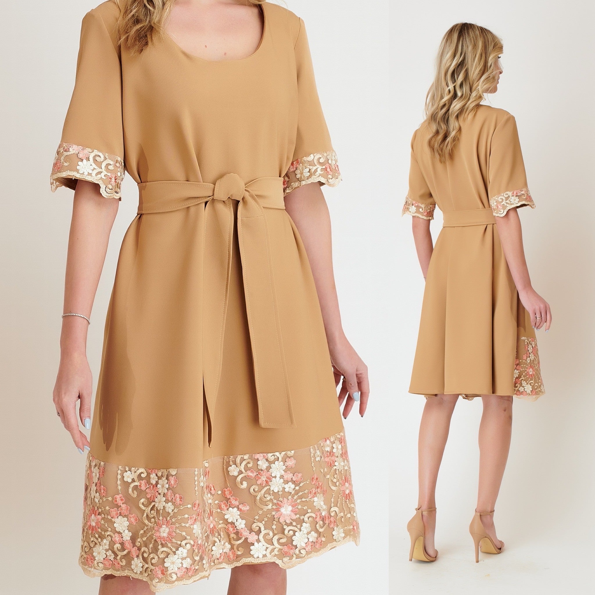 Rochie crem cu croi lejer si dantela brodata - Raluca