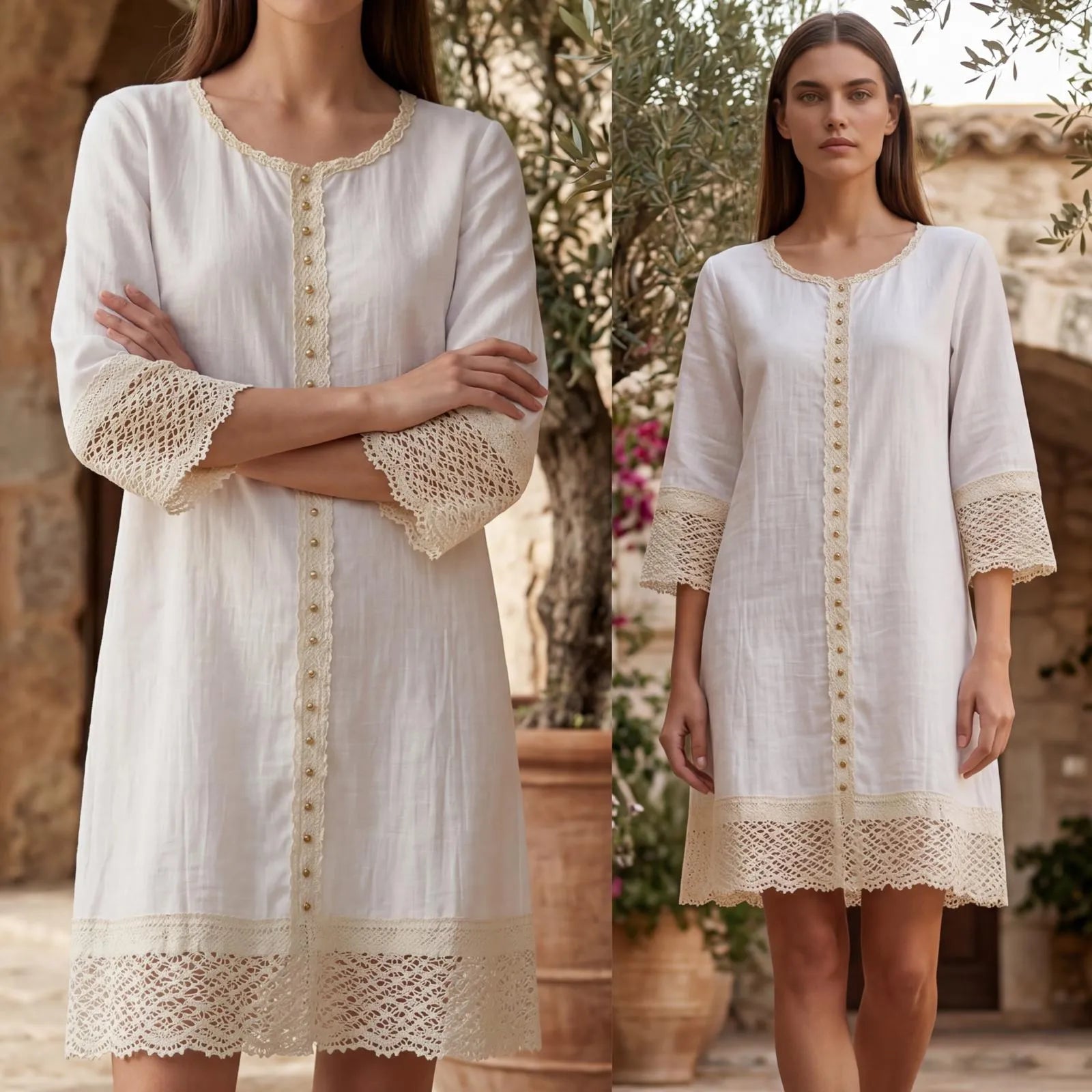 Rochie alba din panza topita cu dantela - Monica 01