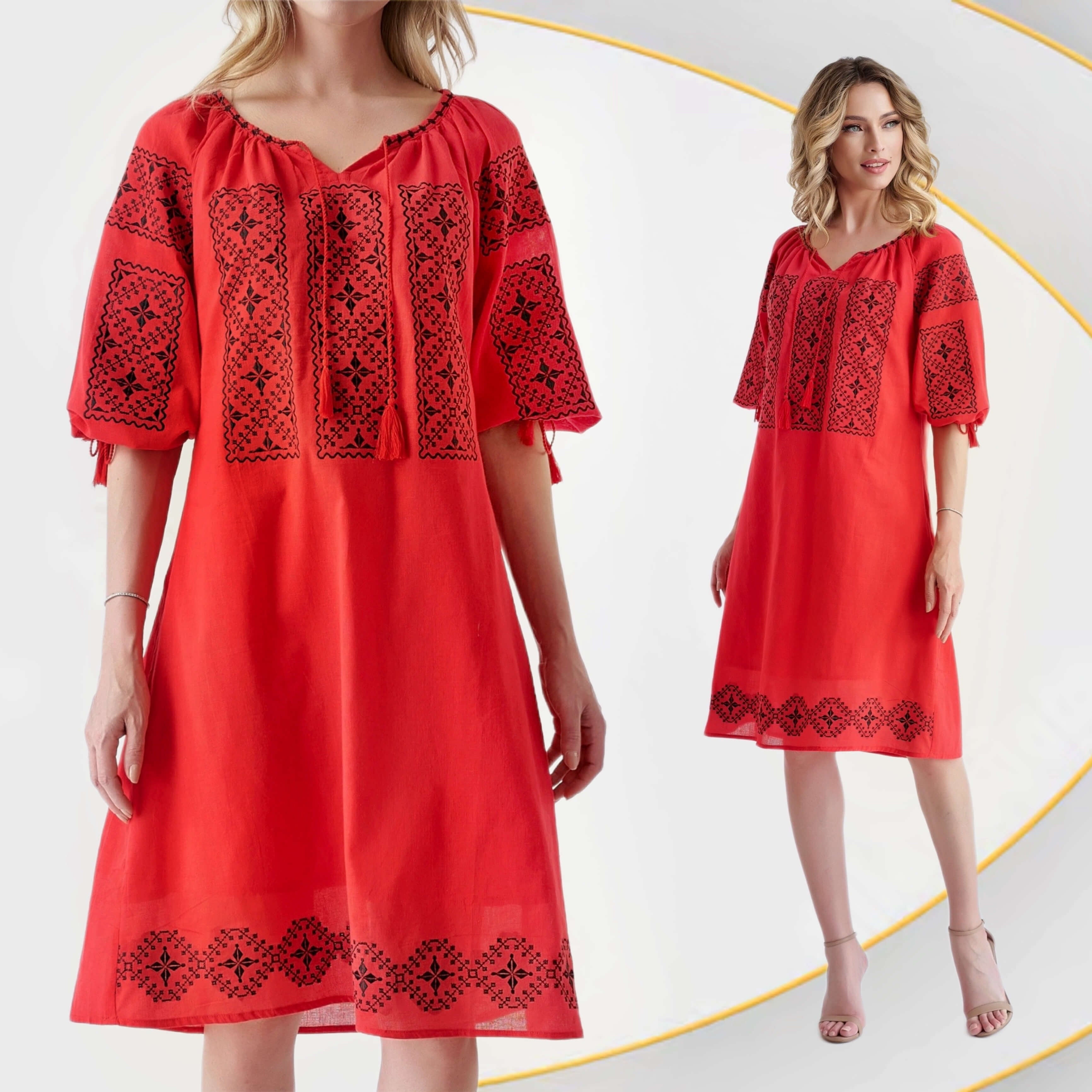 Rochie Traditionala rosie cu broderie neagra - Elisabeta rosu 02