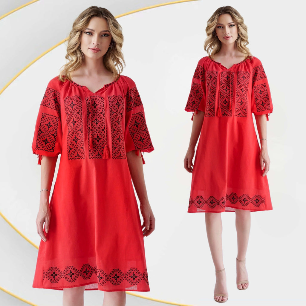 Rochie Traditionala rosie cu broderie neagra - Elisabeta rosu 02