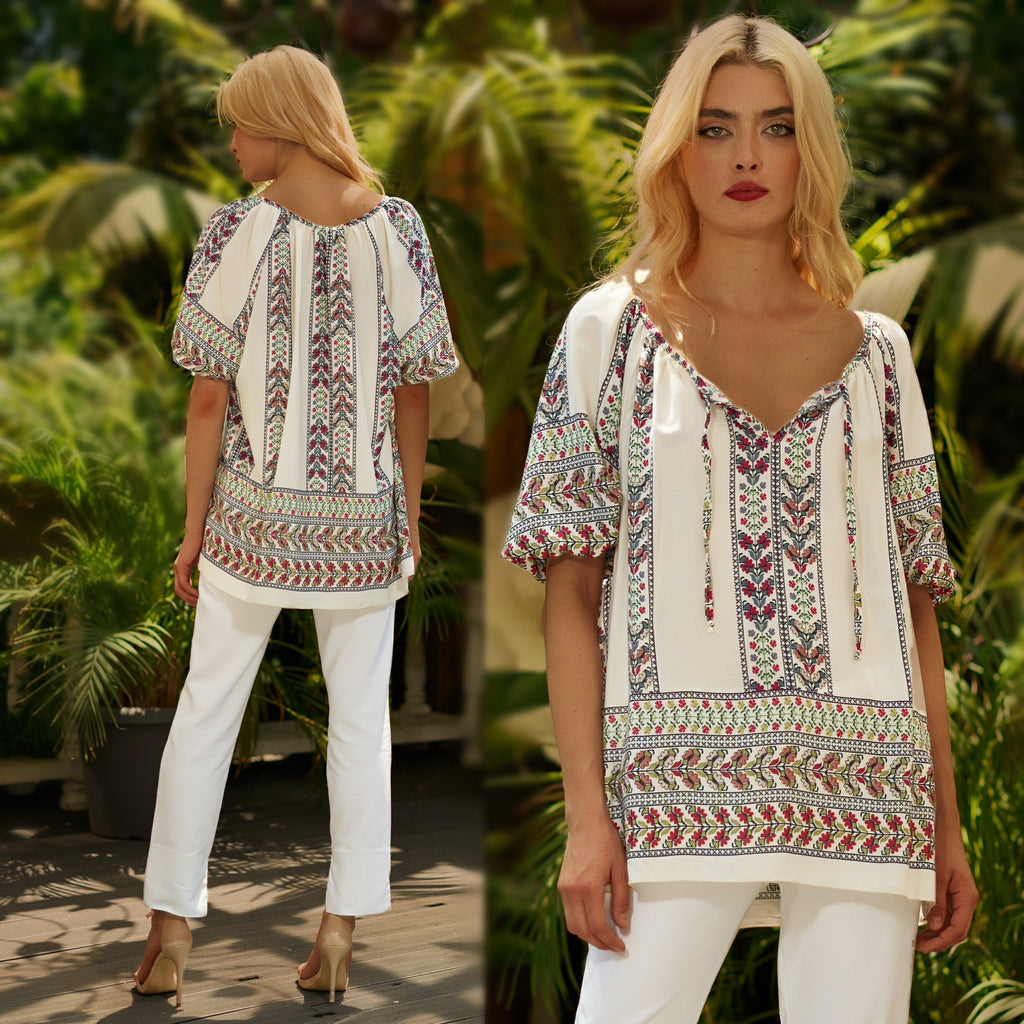 Bluza vaporoasa cu imprimeu national - Sorana ivory 04