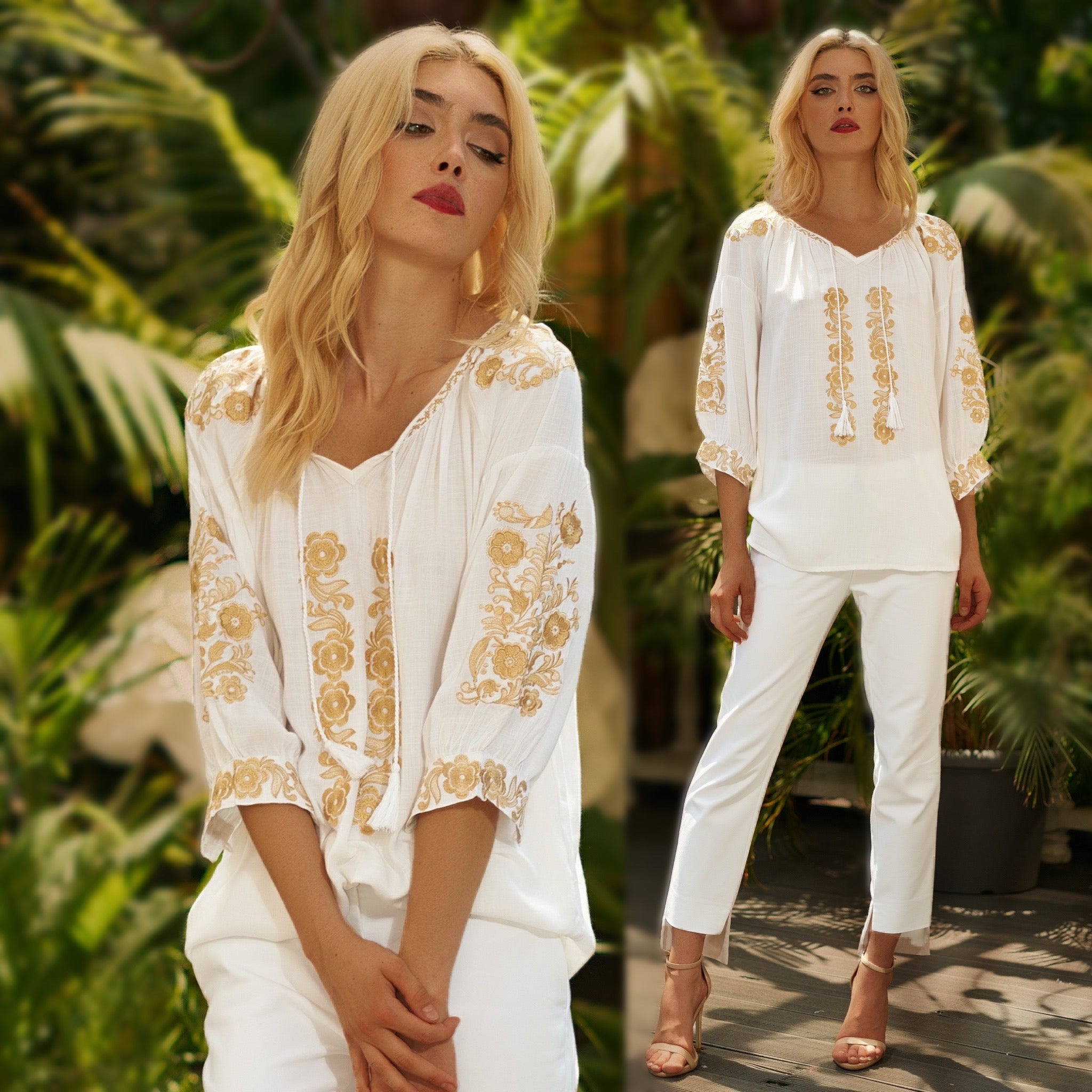 Bluza brodata alba cu flori crem - Lavinia