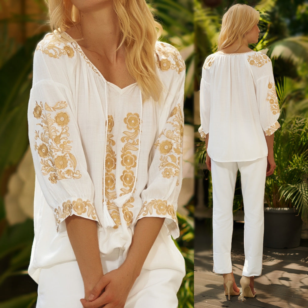 Bluza brodata alba cu flori crem - Lavinia