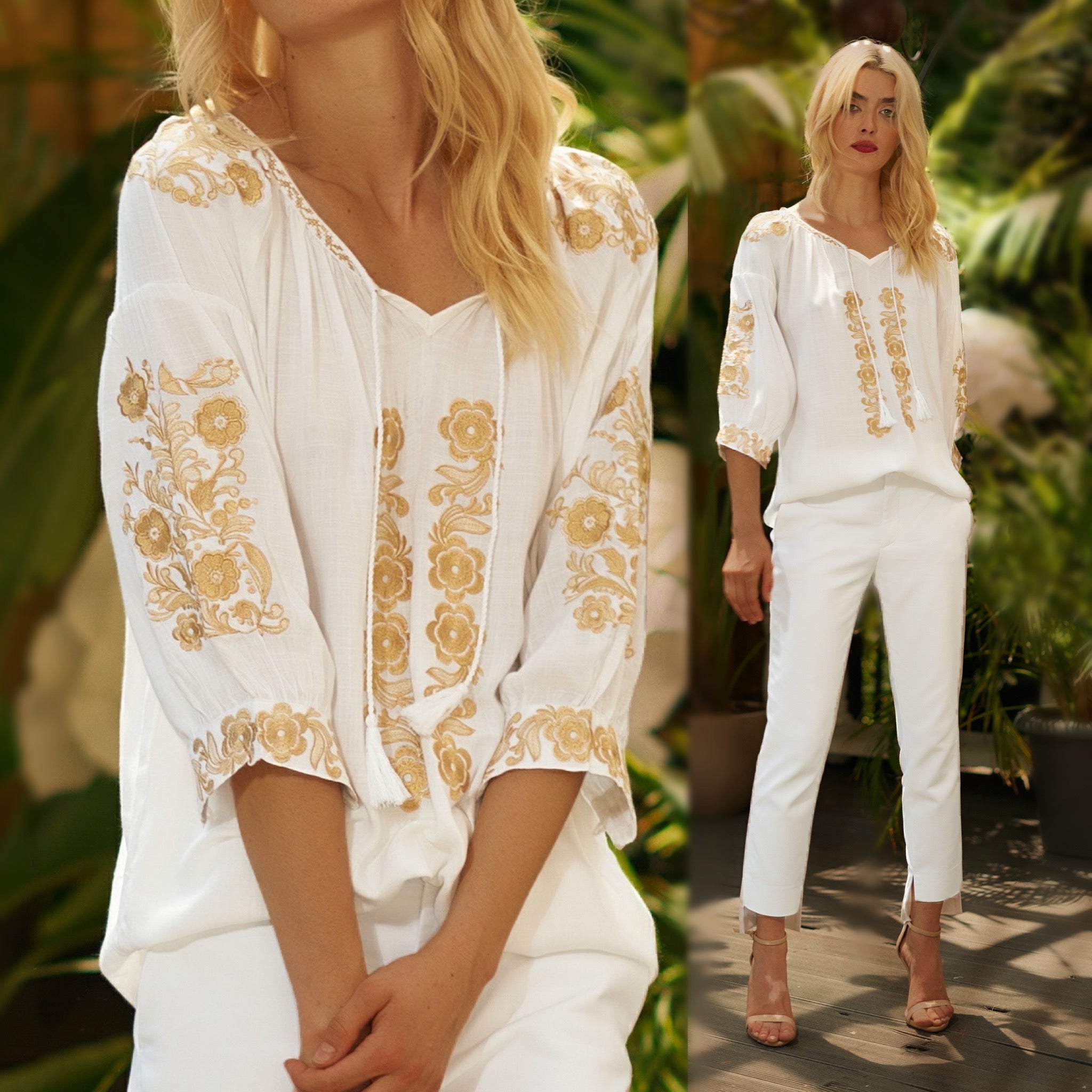 Bluza brodata alba cu flori crem - Lavinia