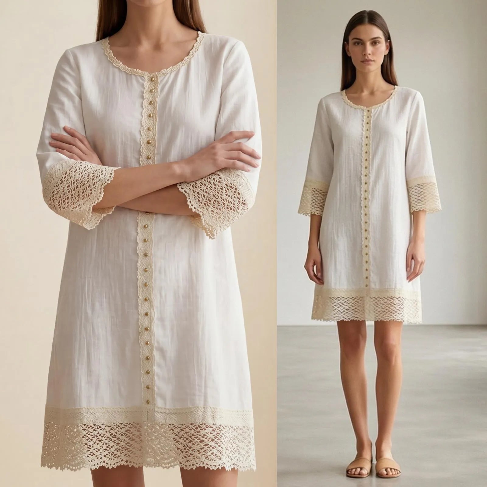 Rochie alba din panza topita cu dantela - Monica 01