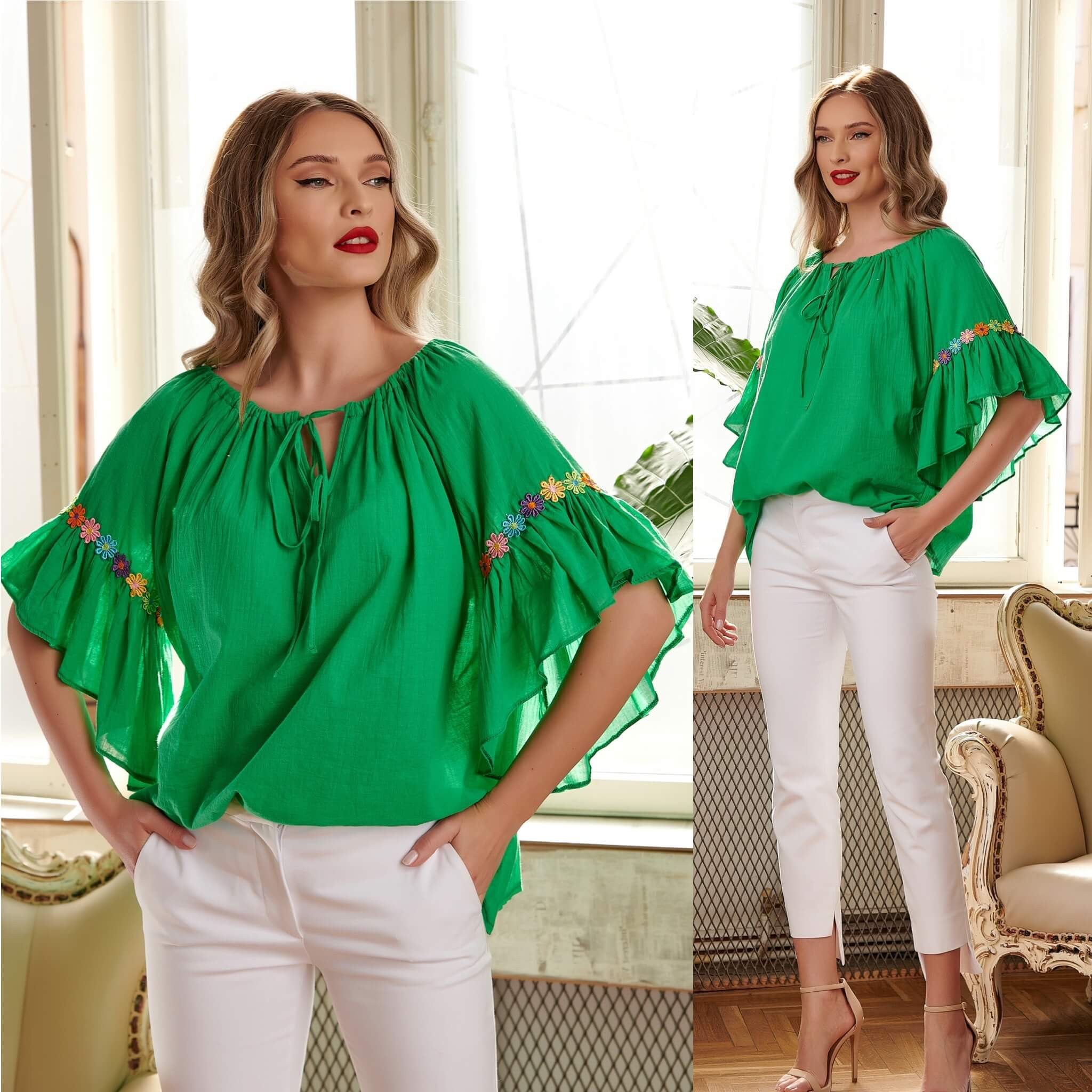 Bluza verde din panza topita si maneci fluture - 04