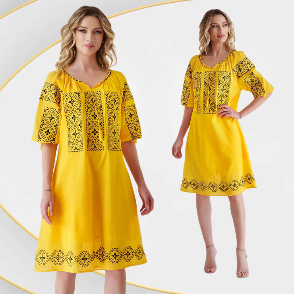 Rochie Traditionala galbena cu broderie neagra - Elisabeta 03