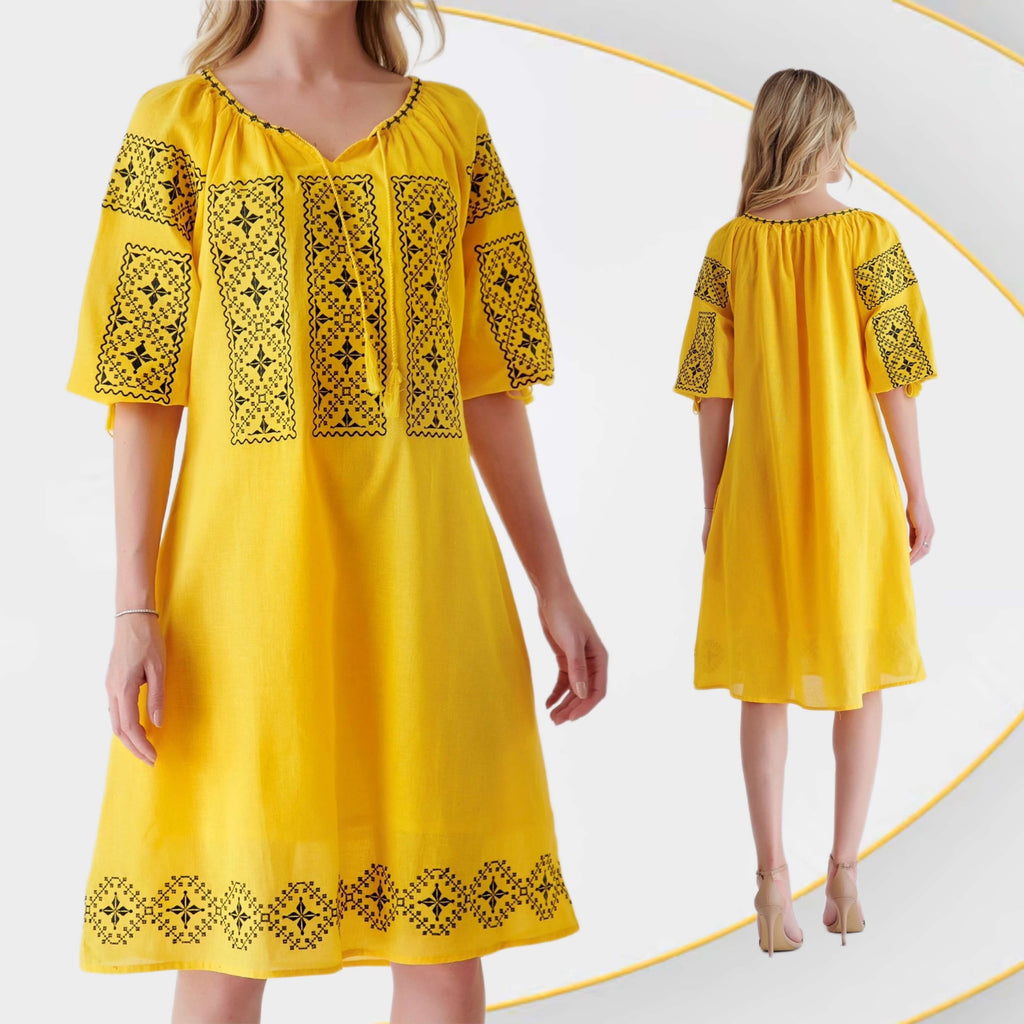 Rochie Traditionala galbena cu broderie neagra - Elisabeta 03