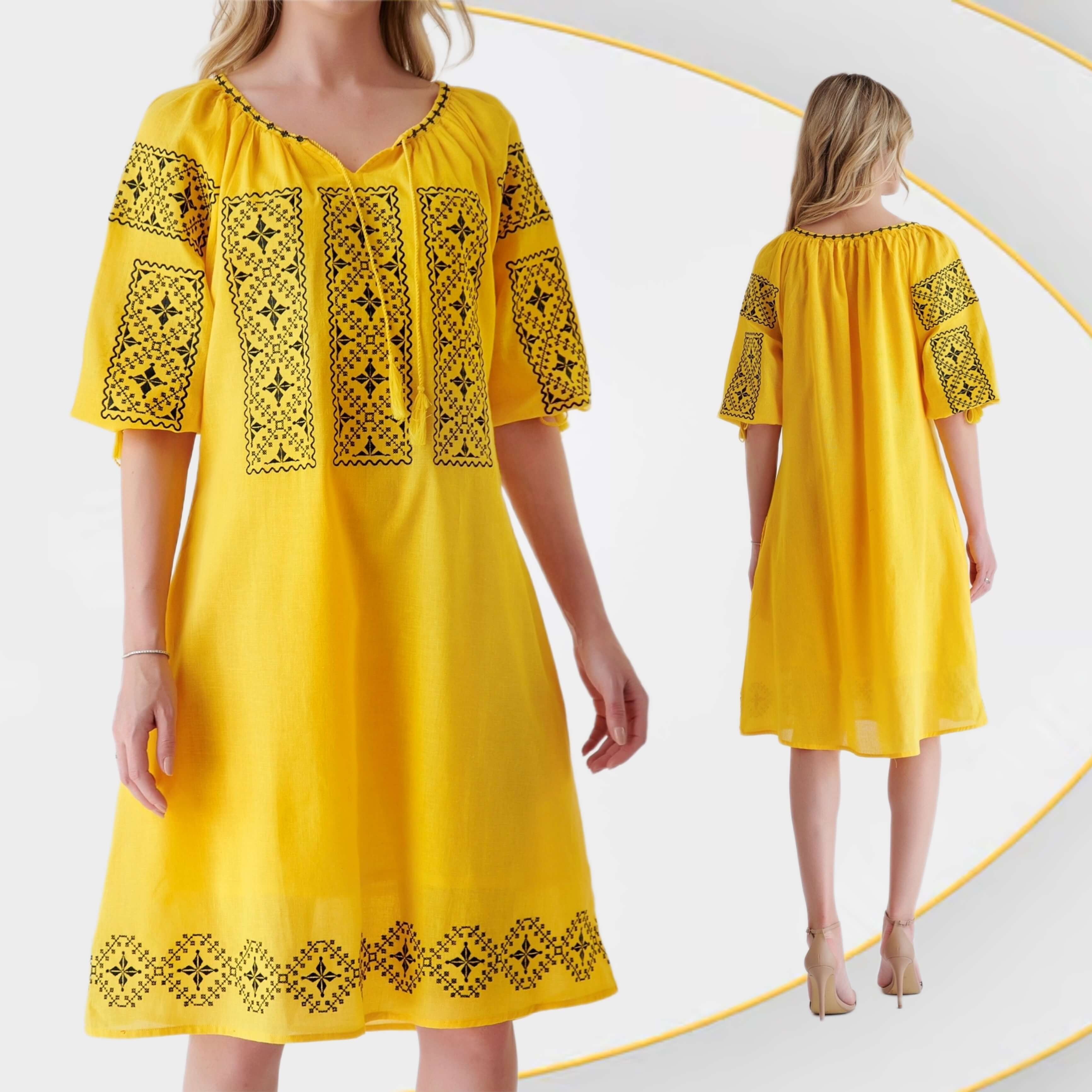 Rochie Traditionala galbena cu broderie neagra - Elisabeta 03