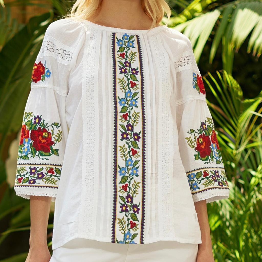 Bluza tip ie alba cu dantela si flori brodate - Livia 02