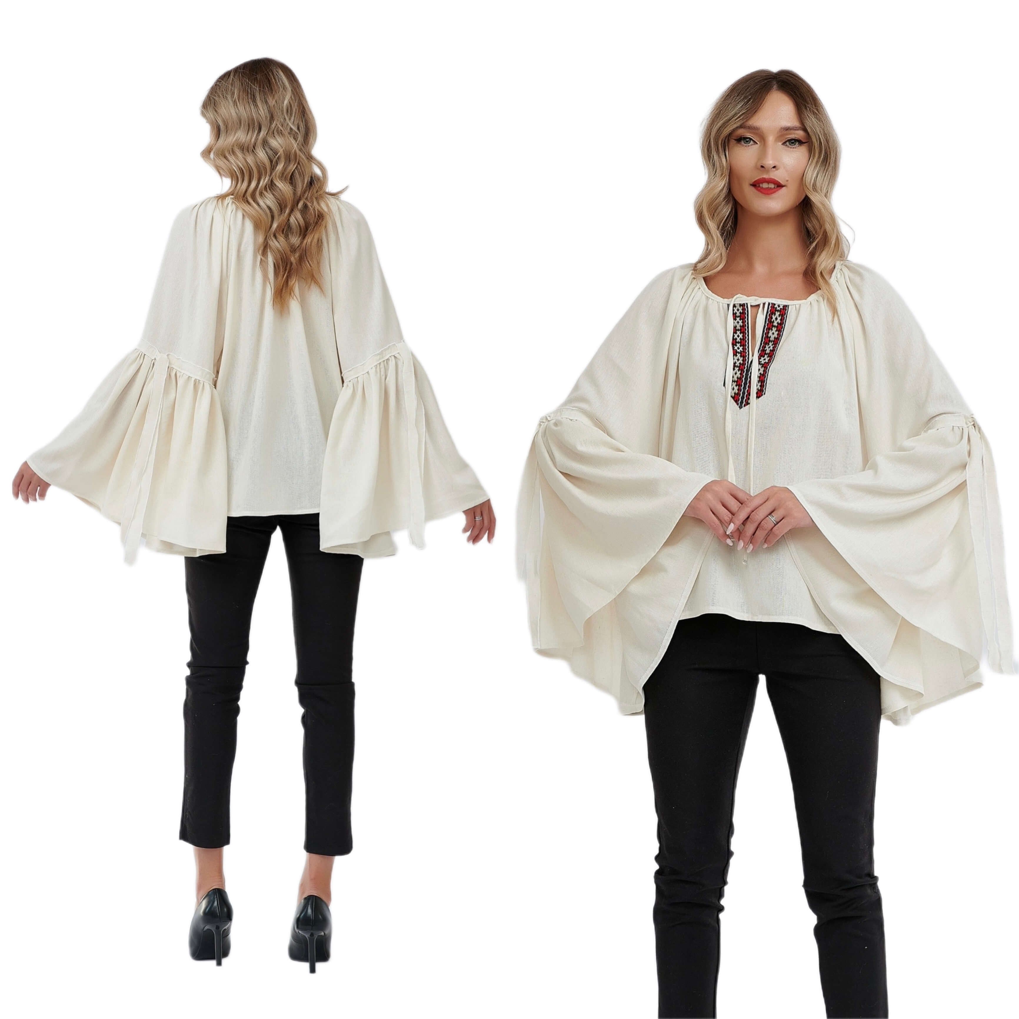 IE Nationala din in crem cu maneci evazate si dantela tesuta - Maria