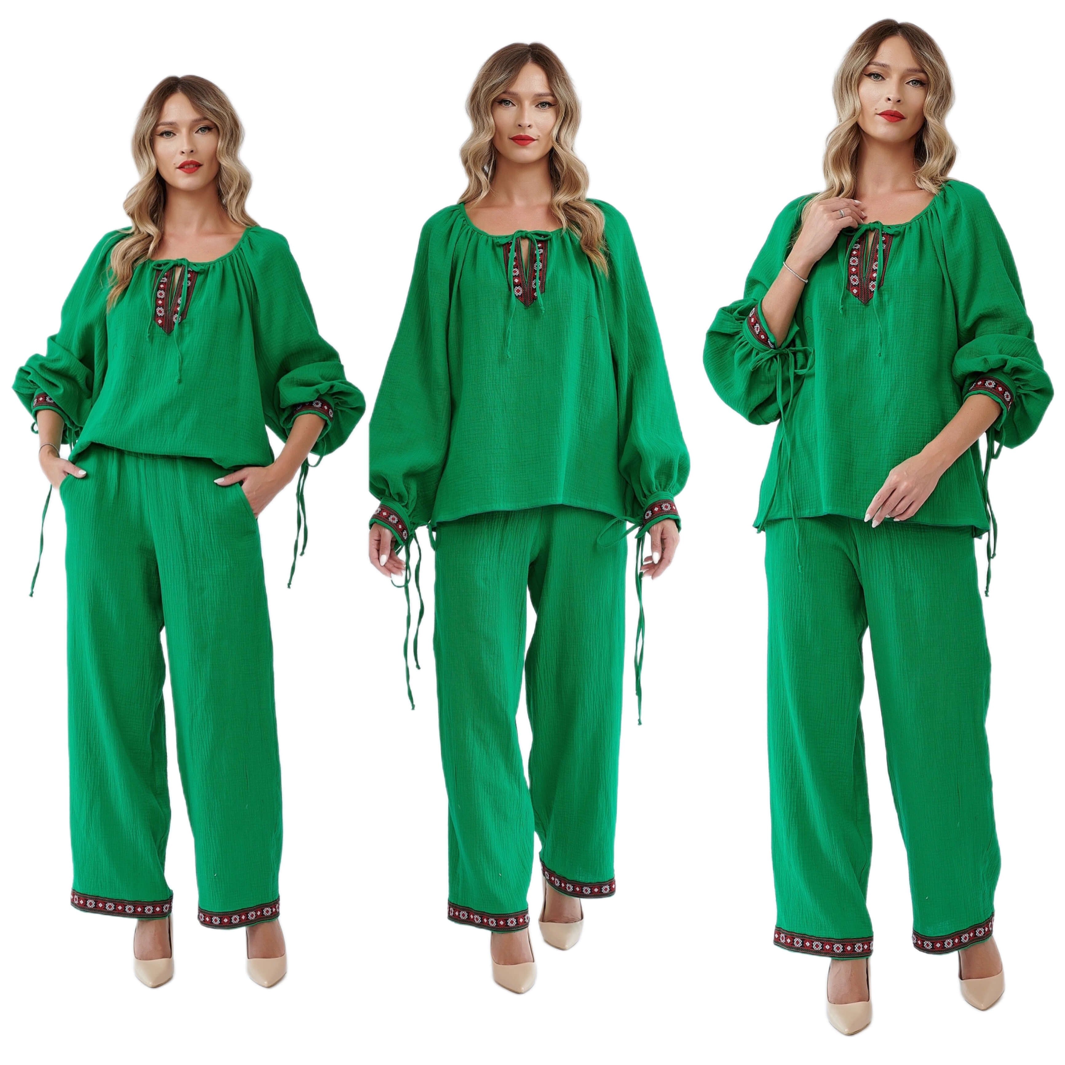 Set Traditional verde - IE Nationala si Pantaloni din panza topita cu banda tesuta - Carmen 01
