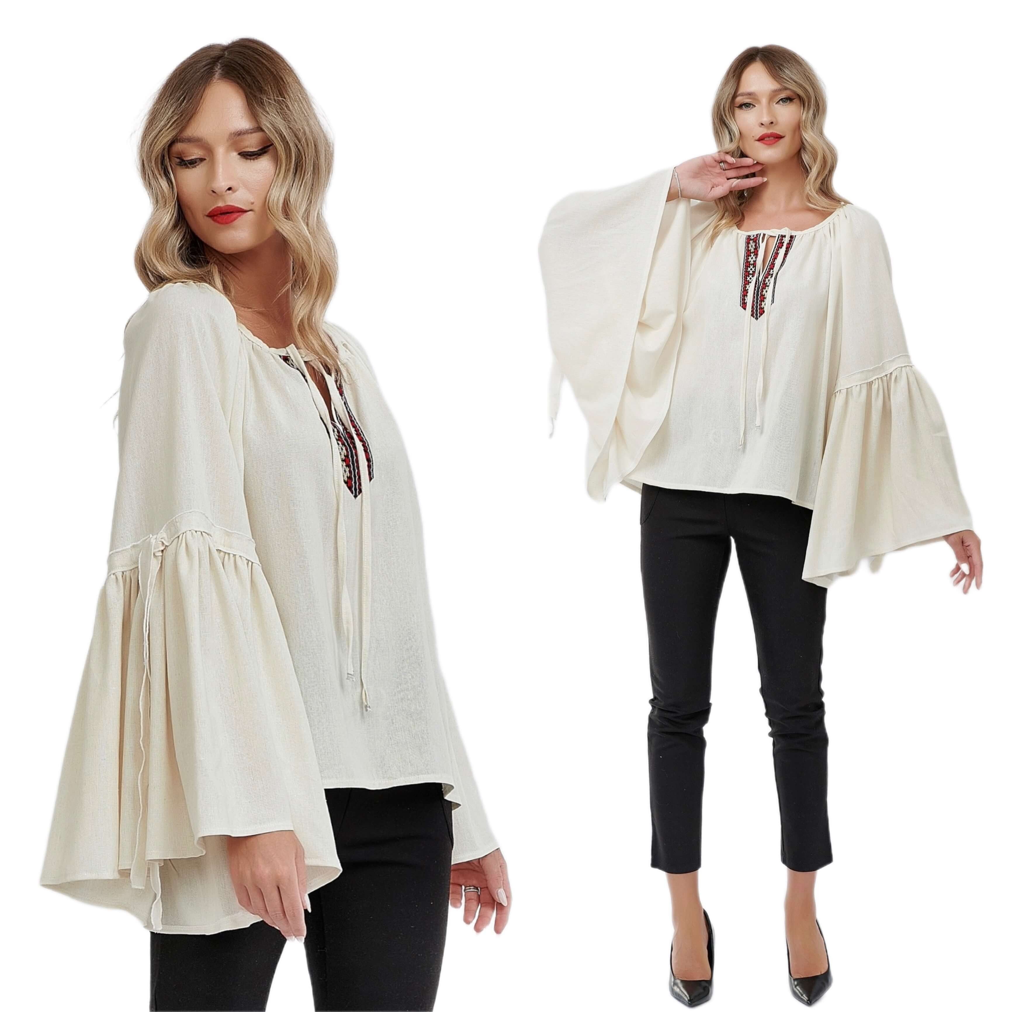 IE Nationala din in crem cu maneci evazate si dantela tesuta - Maria