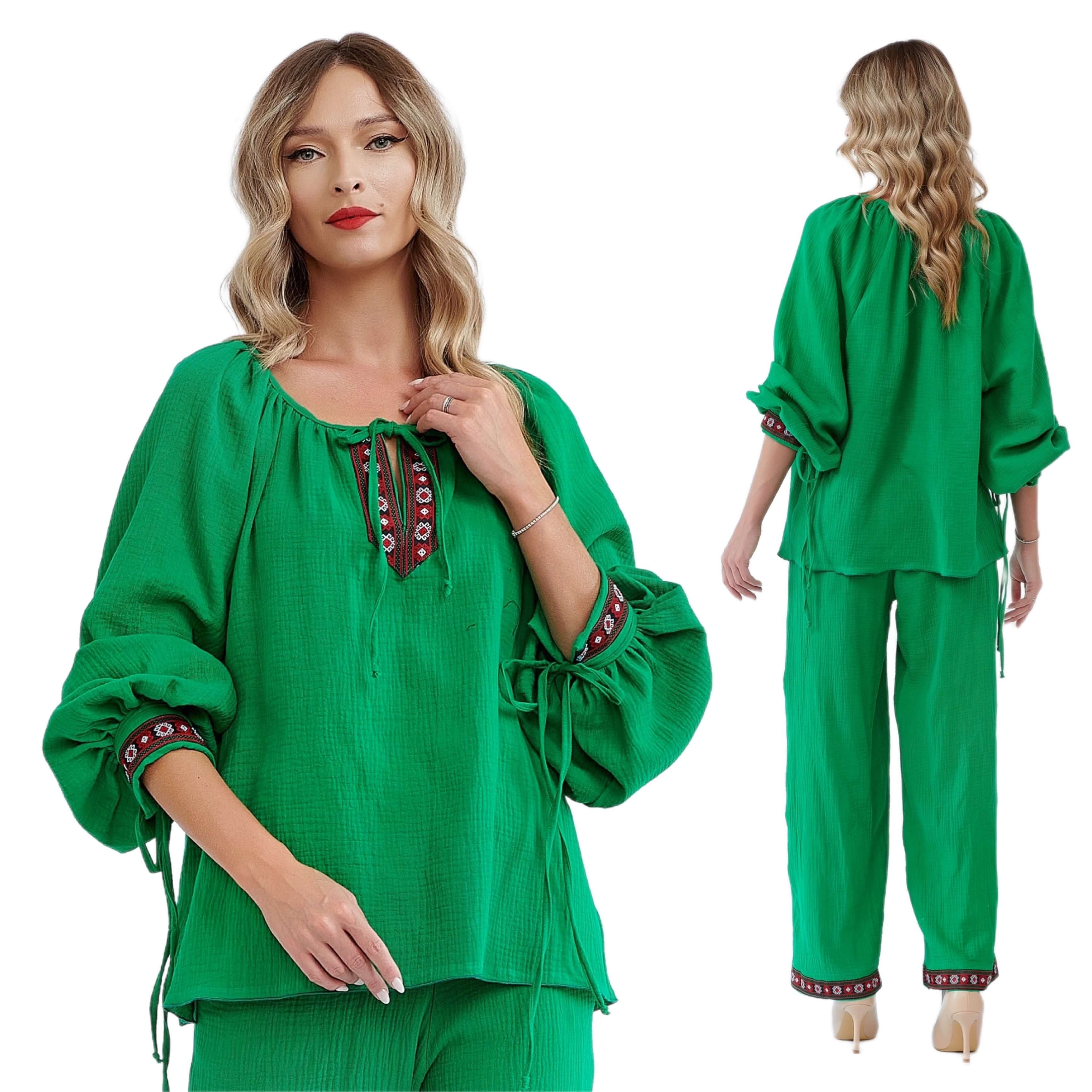 Set Traditional verde - IE Nationala si Pantaloni din panza topita cu banda tesuta - Carmen 01