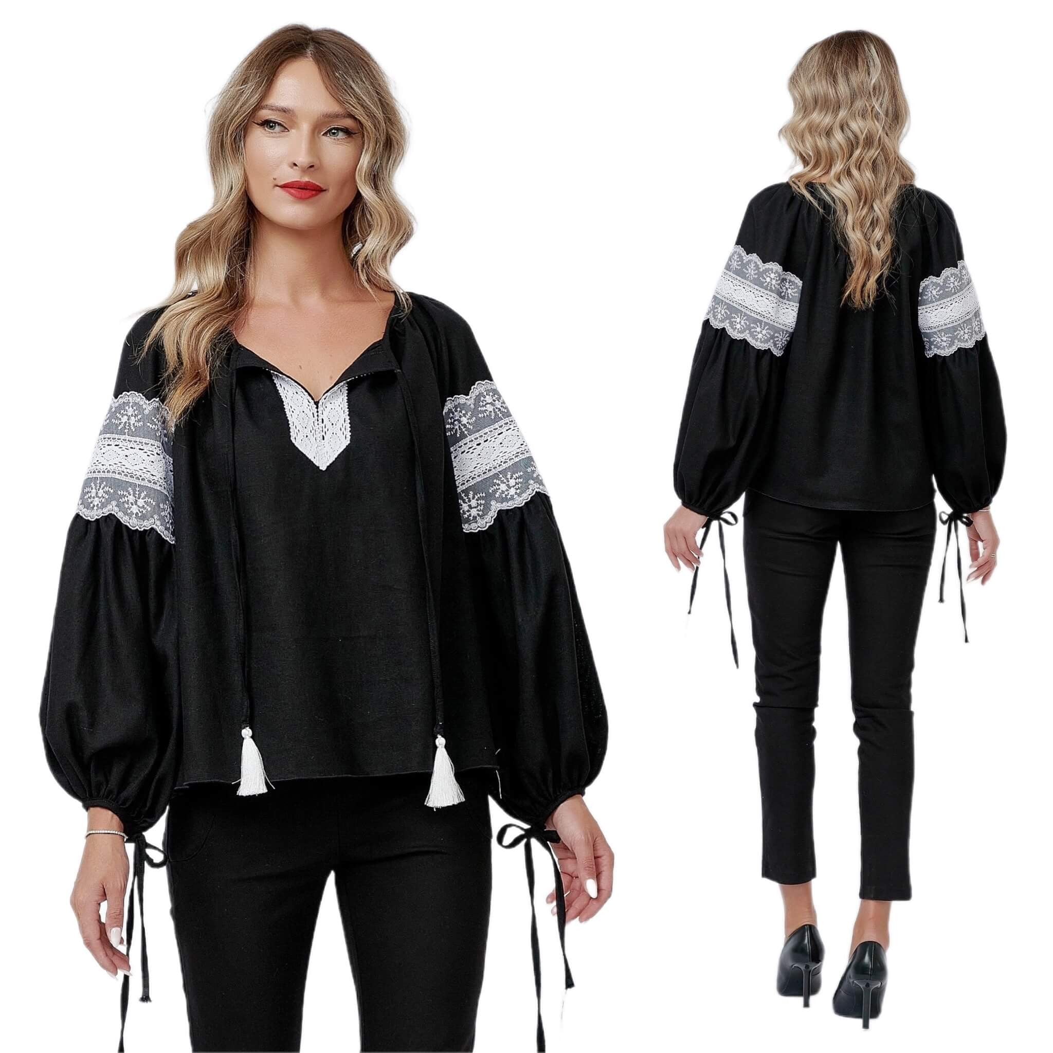 IE Nationala neagra  din in natural, cu maneci bufante si dantela brodata - Sabina