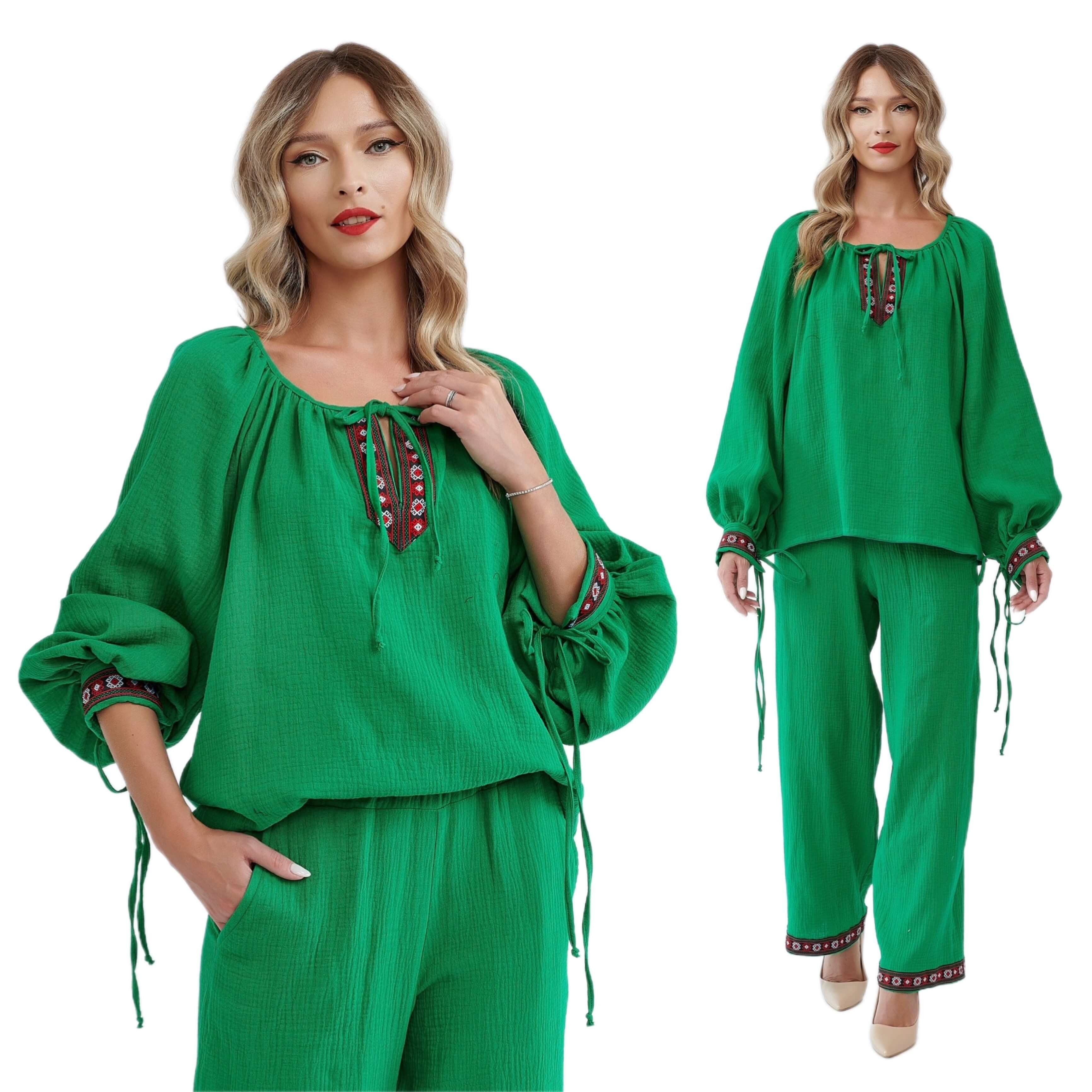 Set Traditional verde - IE Nationala si Pantaloni din panza topita cu banda tesuta - Carmen 01