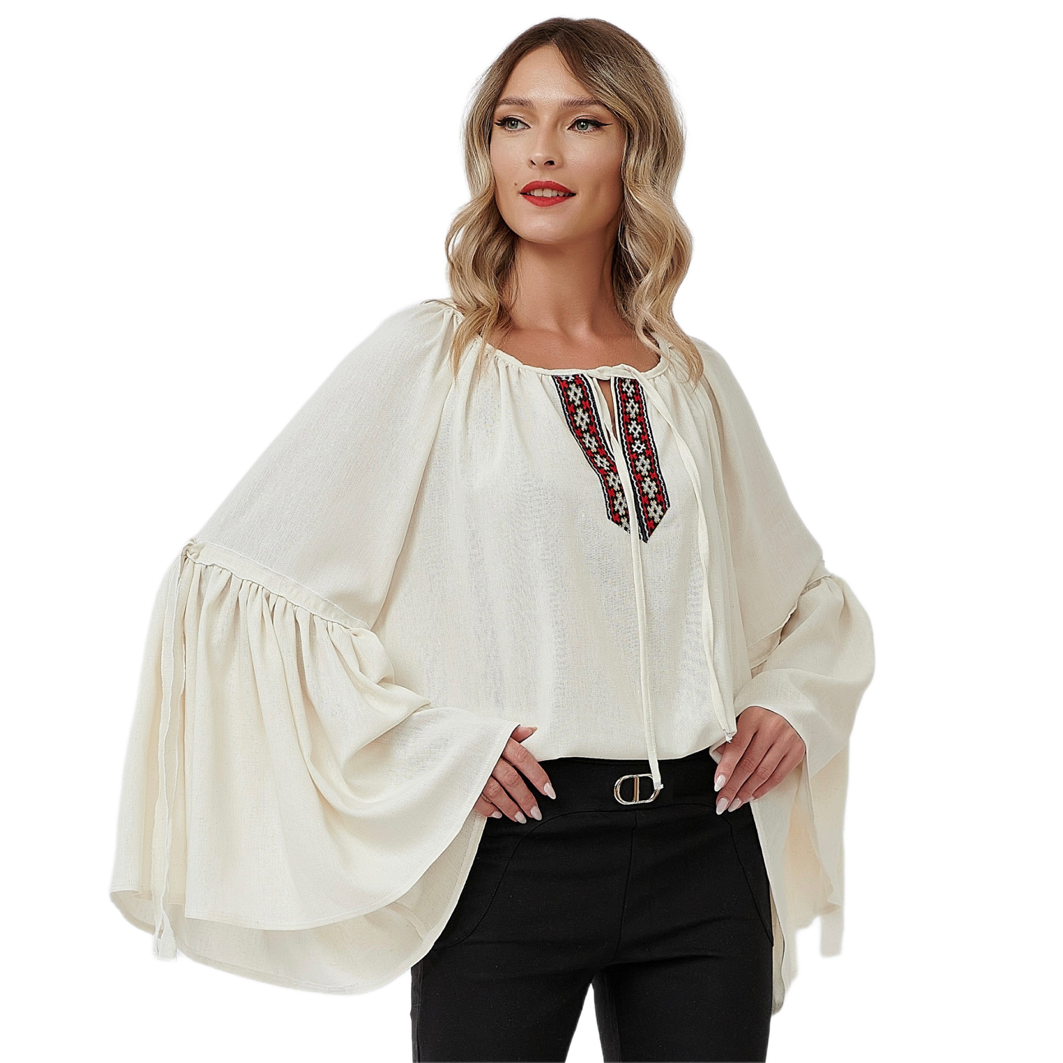 IE Nationala din in crem cu maneci evazate si dantela tesuta - Maria