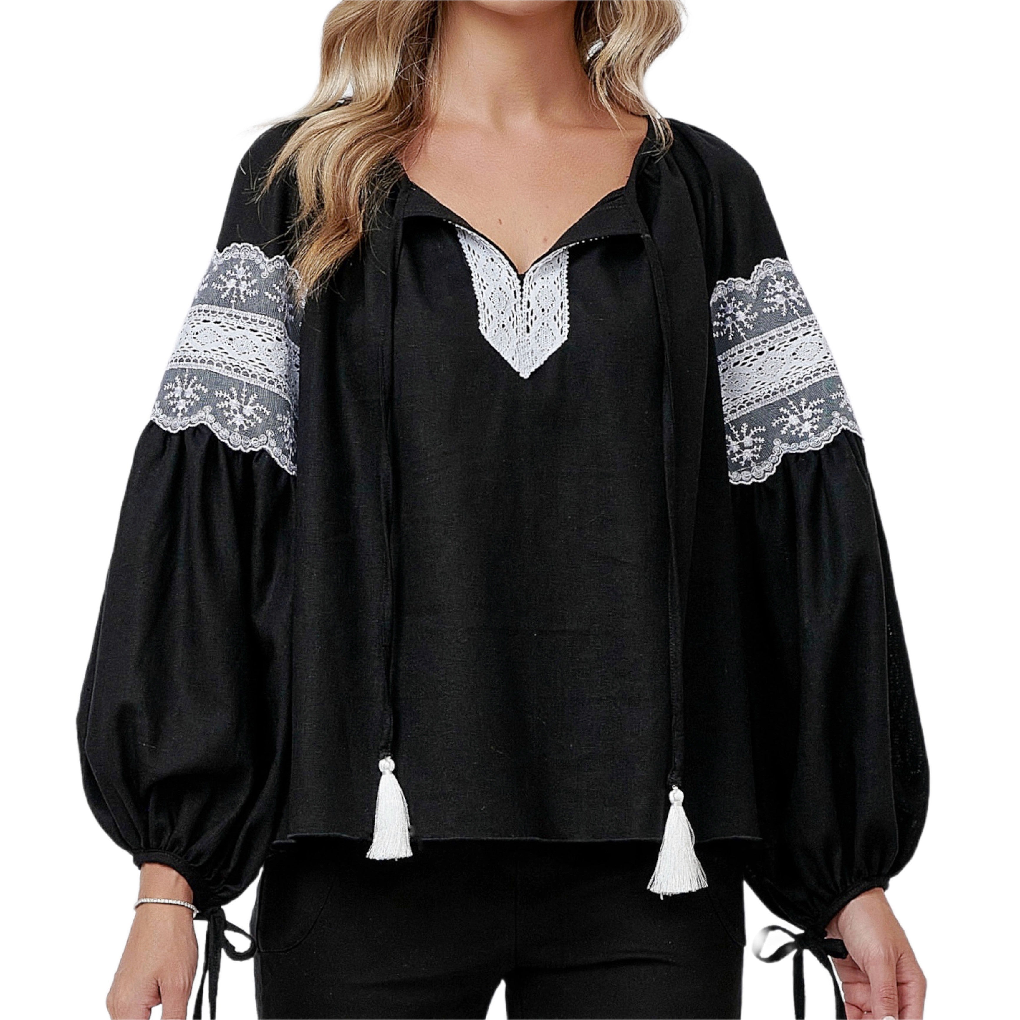 IE Nationala neagra  din in natural, cu maneci bufante si dantela brodata - Sabina